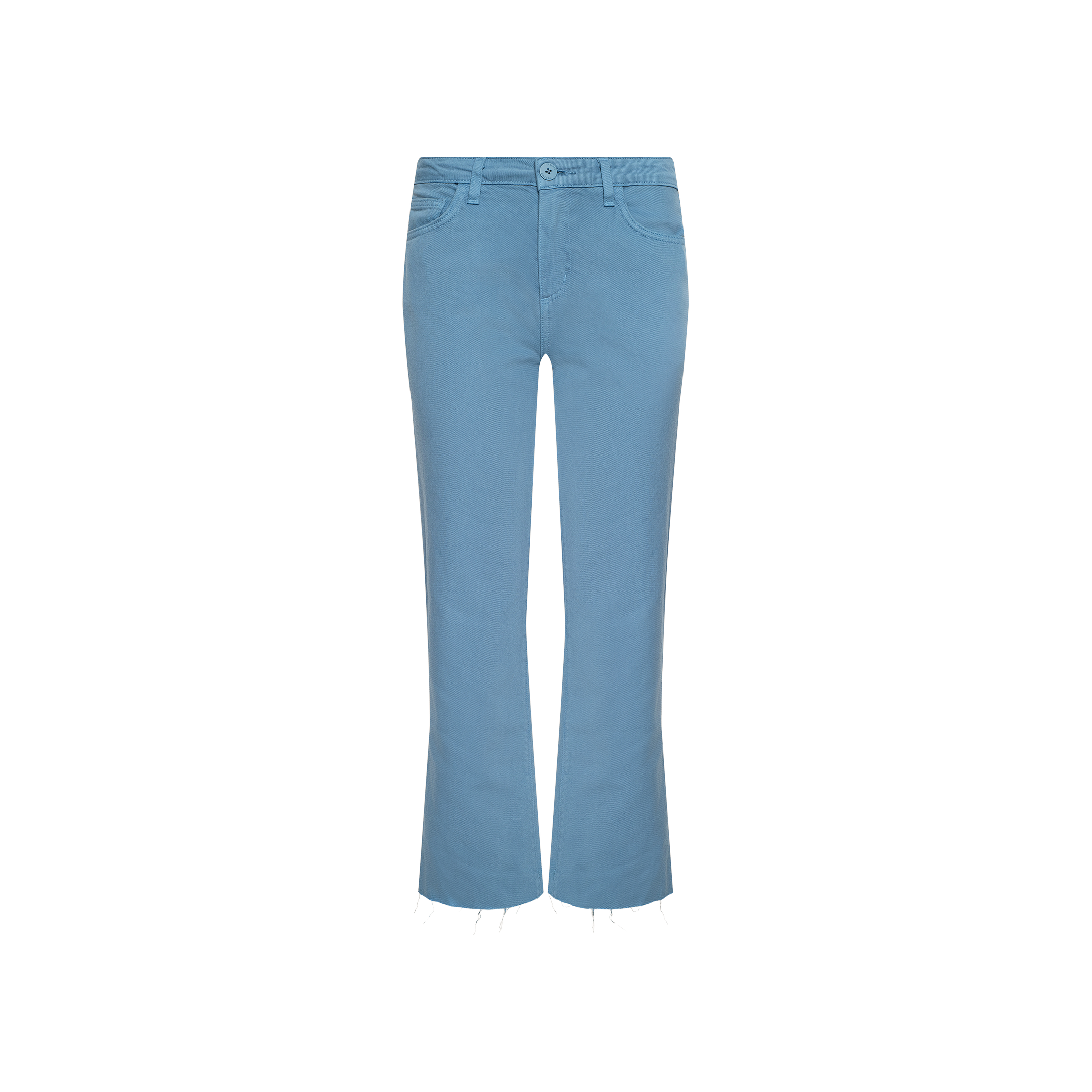 The Wanda Cropped Wide-Leg Jean features a light blue wash, mid-rise waist, classic five-pocket design, and frayed hems, shown against a plain white background.
