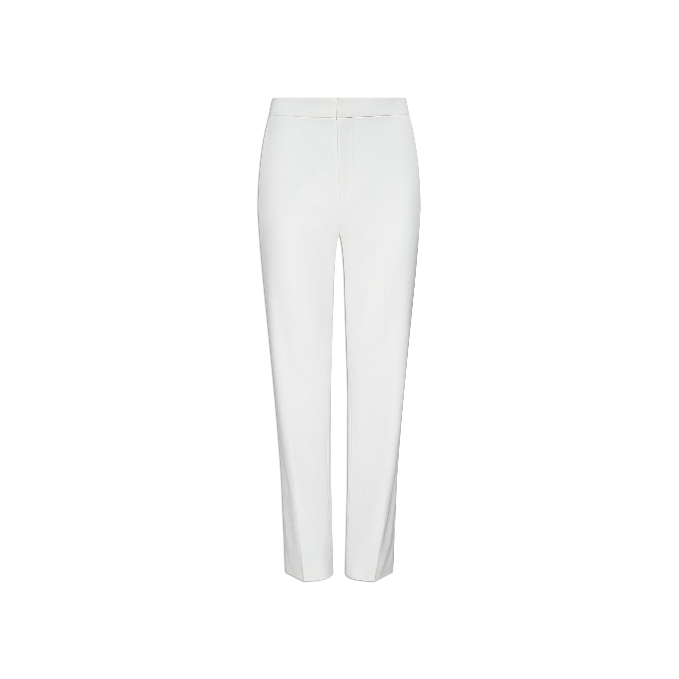 The Rebel Trouser is a white tailored straight-leg pant displayed on a plain white background. Featuring a high-rise waist and a concealed front closure, these trousers are crafted from stretch suit fabric for comfort and ease of movement, with no visible pockets or embellishments.