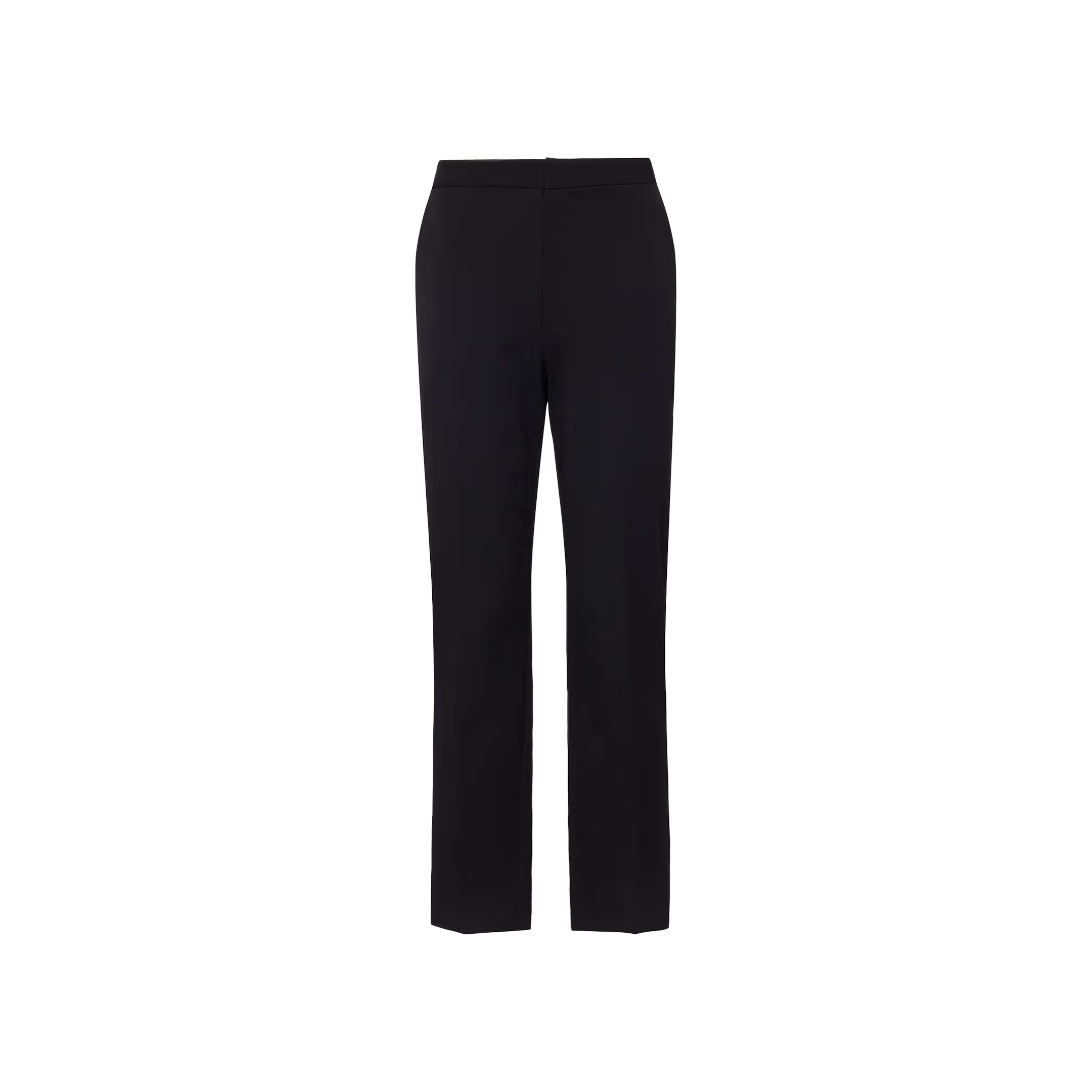 The Rebel Trouser is a high-rise black straight-leg style, crafted from Italian stretch suiting and shown against a plain white background.