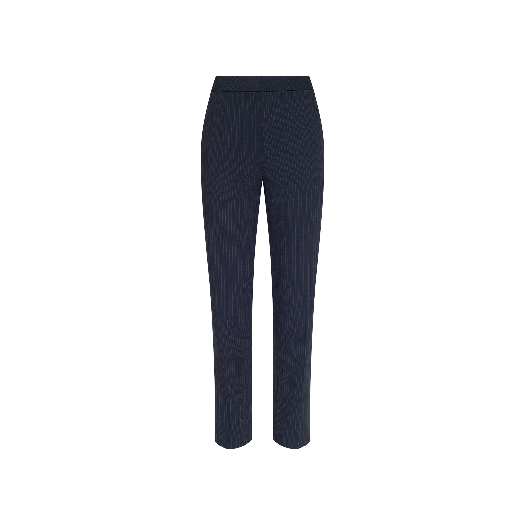 The Rebel Pinstriped Trouser, featuring a navy blue hue, high-rise fit, and straight-leg silhouette with subtle navy pinstripes, is displayed on a plain white background.