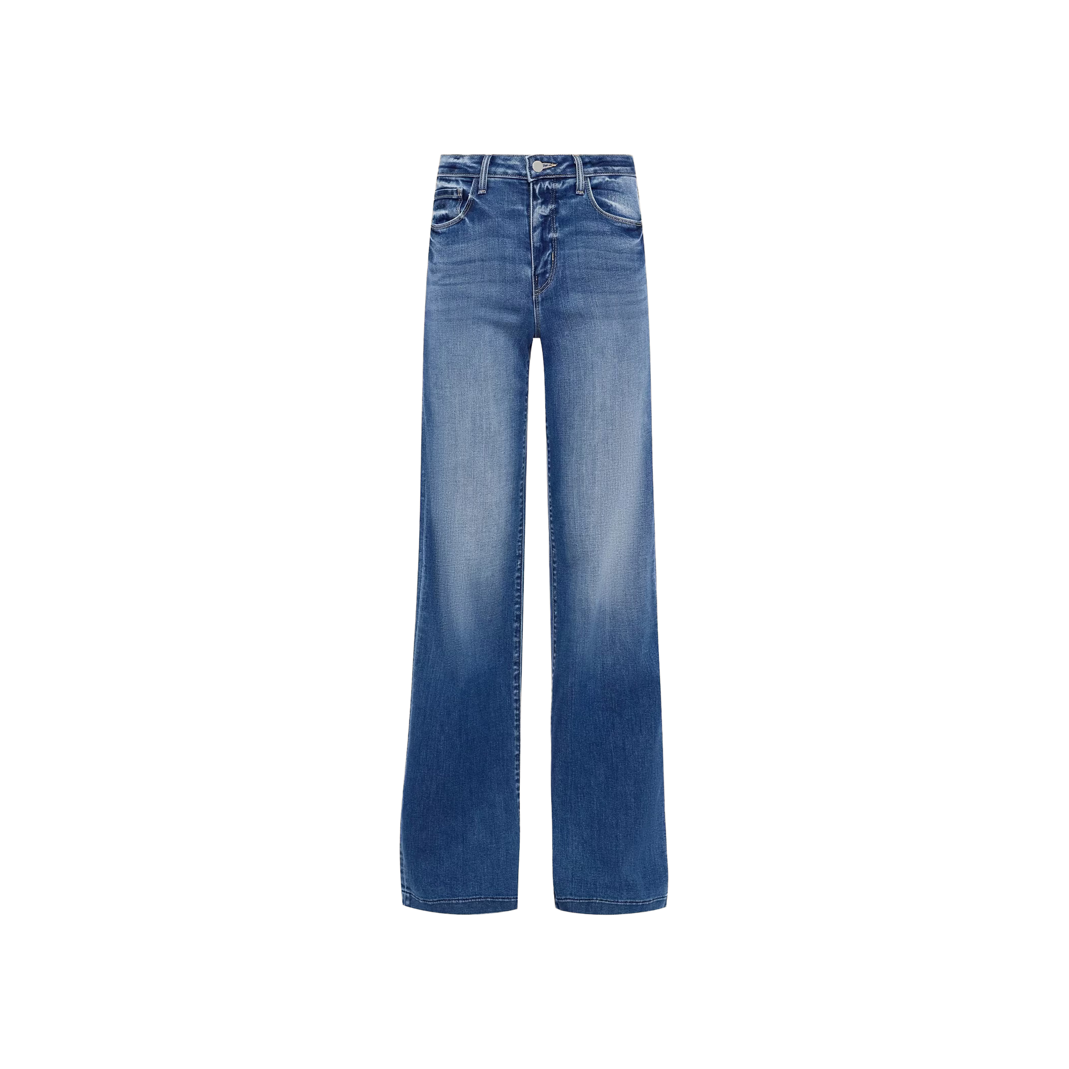 Clayton Wide-Leg Jean in blue, designed with a high-waisted, tall wide-leg silhouette, featuring a faded wash on the thighs, front pockets, and belt loops. Crafted from REPREVE woven denim and displayed on a plain white background.