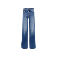 Clayton Wide-Leg Jean in blue, designed with a high-waisted, tall wide-leg silhouette, featuring a faded wash on the thighs, front pockets, and belt loops. Crafted from REPREVE woven denim and displayed on a plain white background.