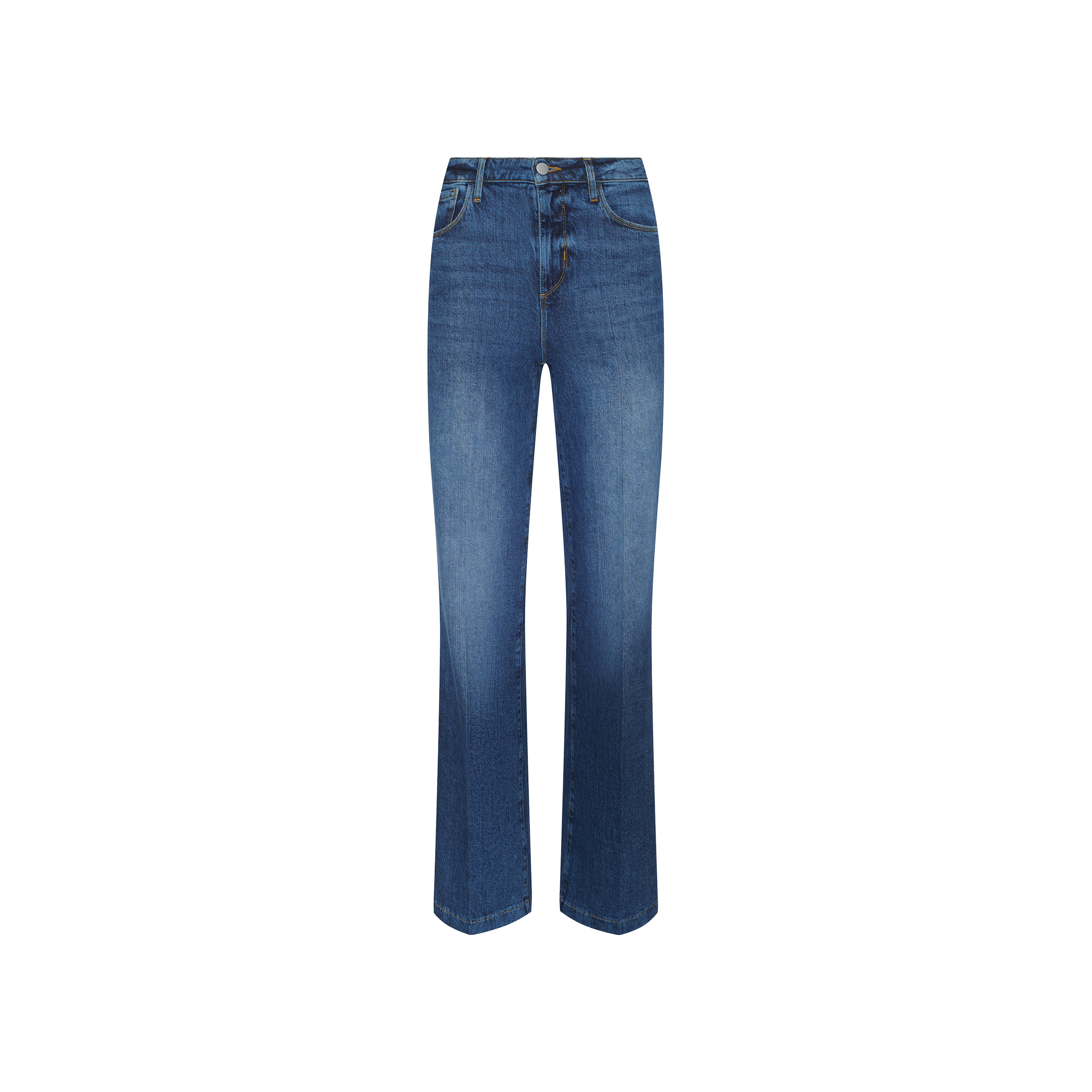 Clayton Wide-Leg Jean in blue denim, shown against a plain white background. This style features a high rise, wide-leg silhouette, classic five-pocket design, and subtle front fading, all crafted from comfortable stretch denim.