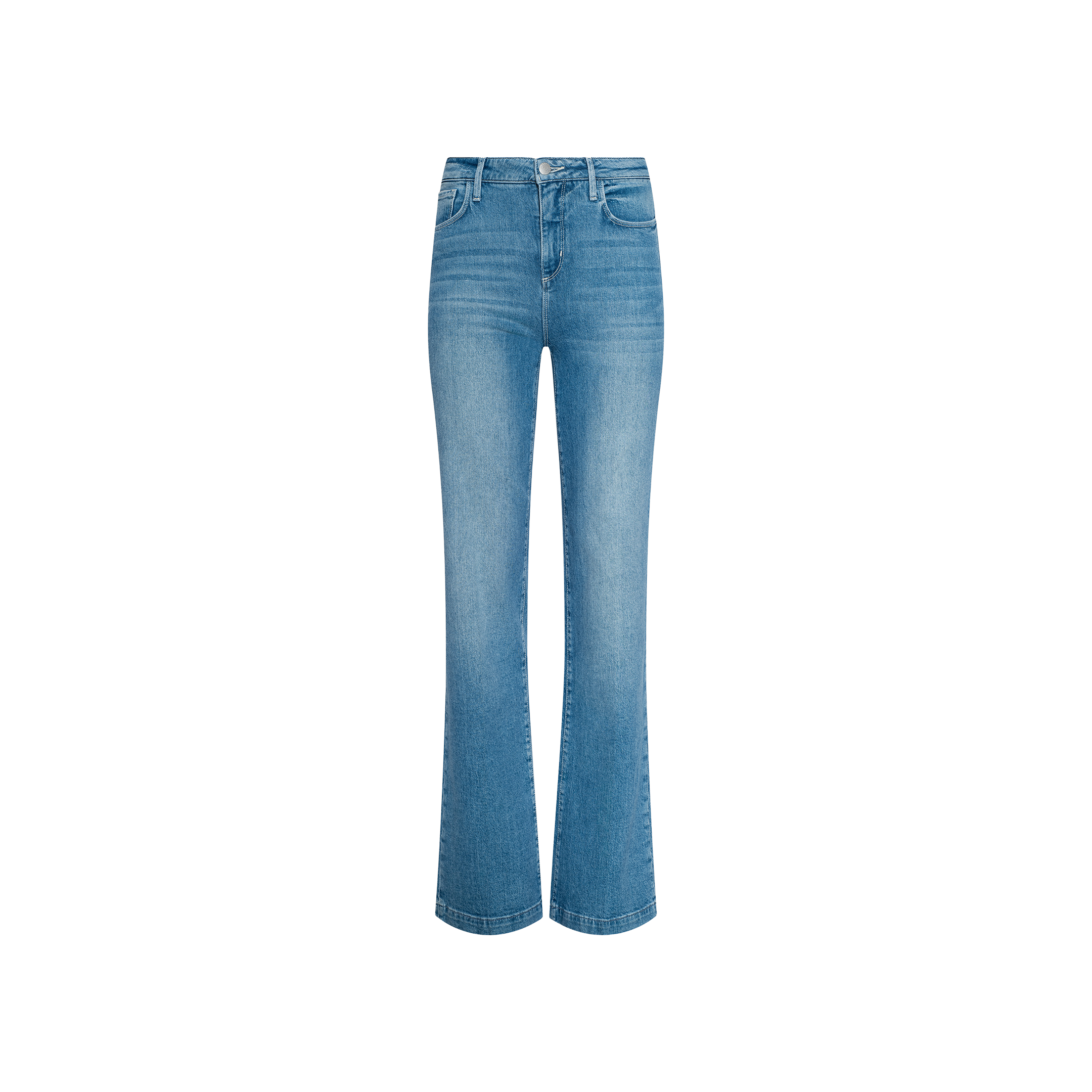 The Clayton Wide-Leg Jean in light blue denim features a high-rise fit and a subtle flare at the hem, shown against a plain white background.