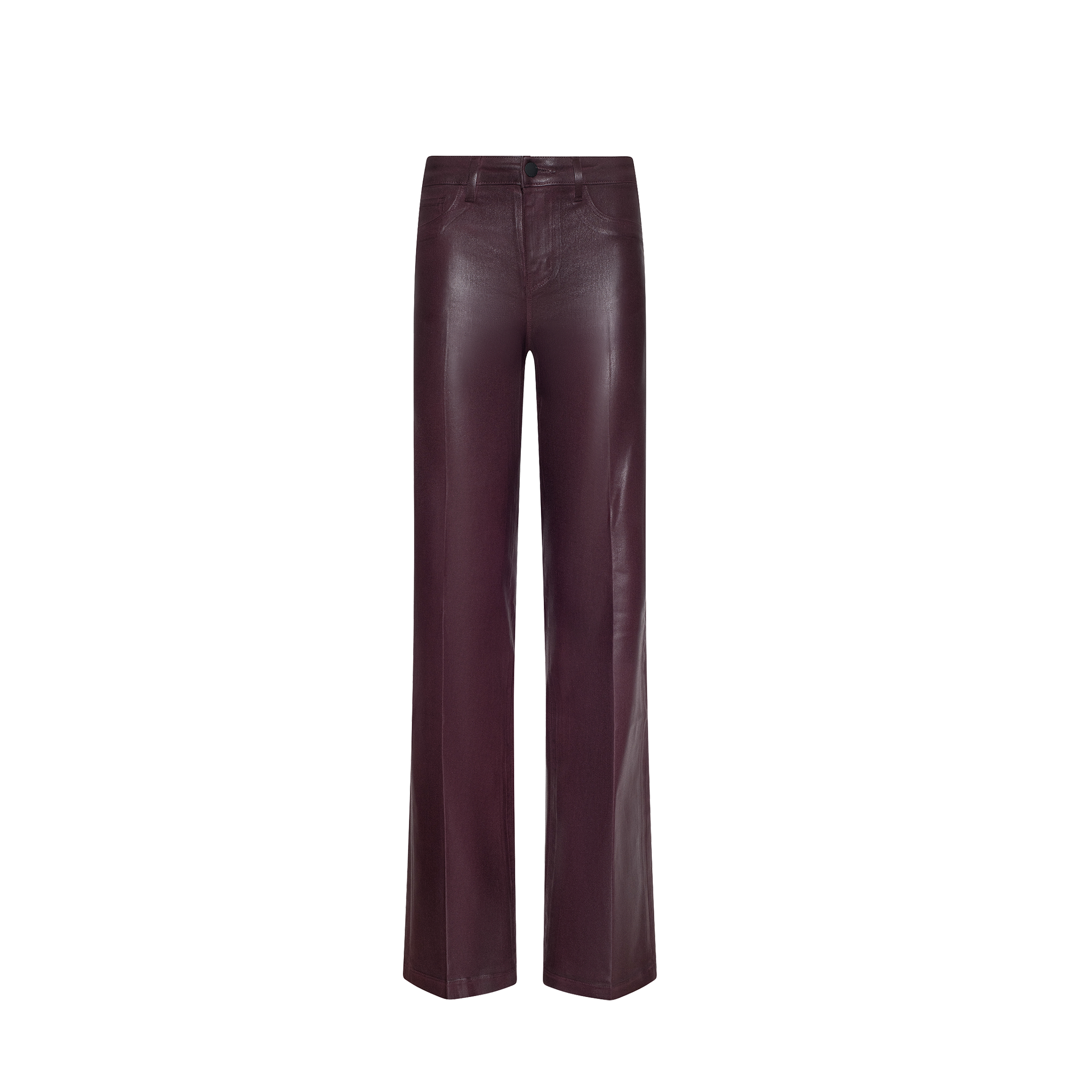 High-waisted, straight-leg pants crafted from shiny dark burgundy leather, displayed against a plain white background.