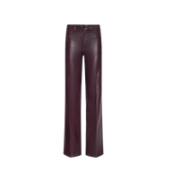 High-waisted, straight-leg pants crafted from shiny dark burgundy leather, displayed against a plain white background.