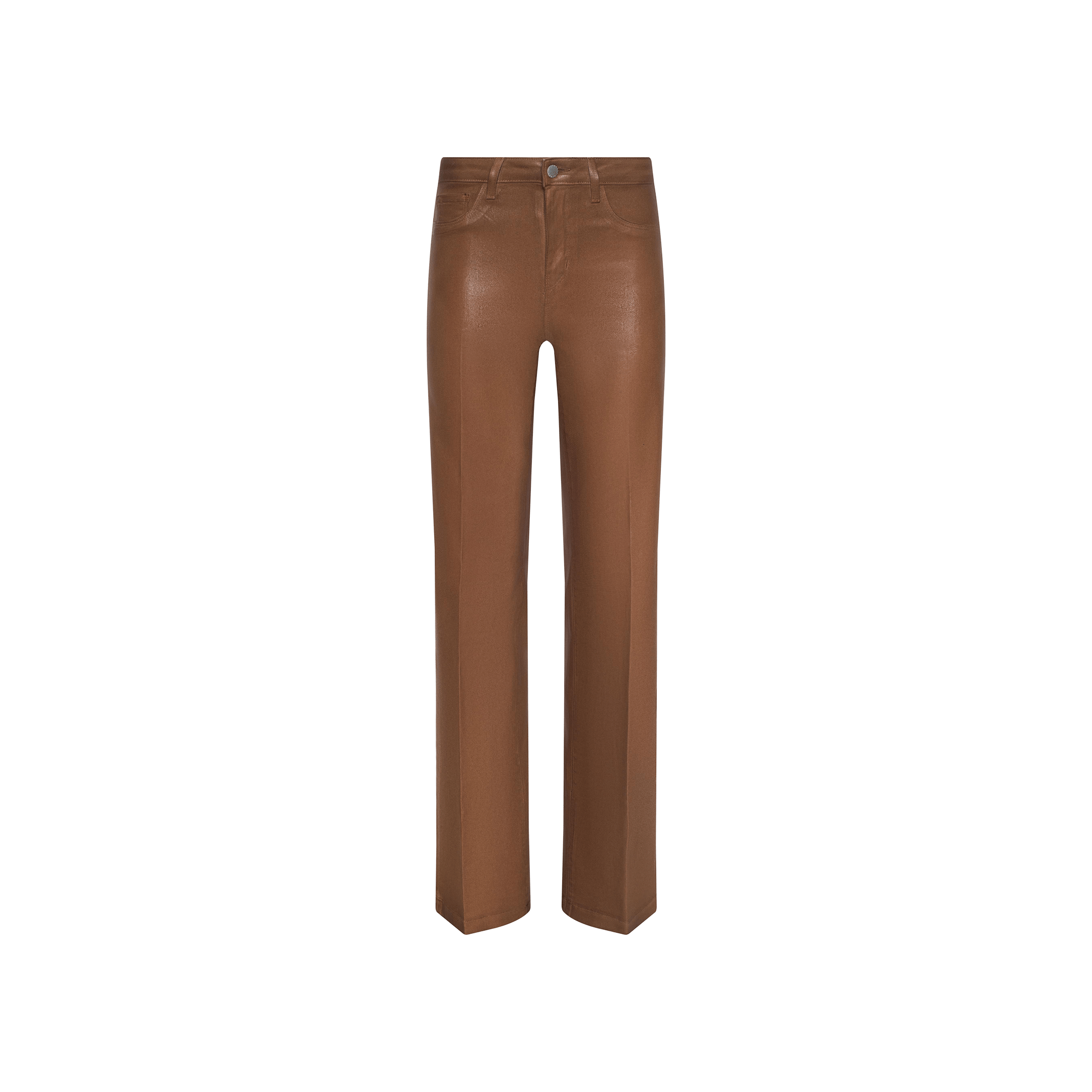 Clayton Coated Wide-Leg Jean featuring a brown, high-waisted fit with a contoured waistband and wide-leg silhouette, crafted from a shiny leather-like material and displayed isolated on a plain white background.