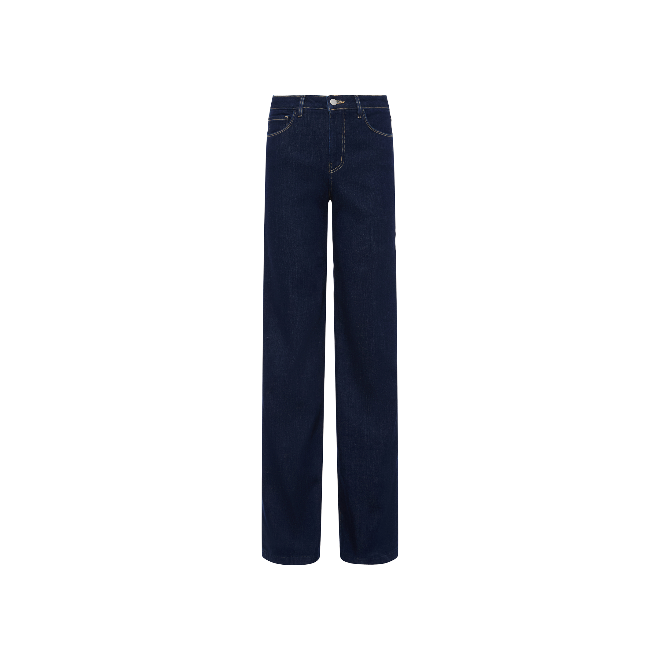 The Clayton Wide-Leg Jean is a dark wash, high-rise style featuring a wide-leg silhouette, front and back pockets, contrast stitching, belt loops, and a button closure. Shown on a plain white background.