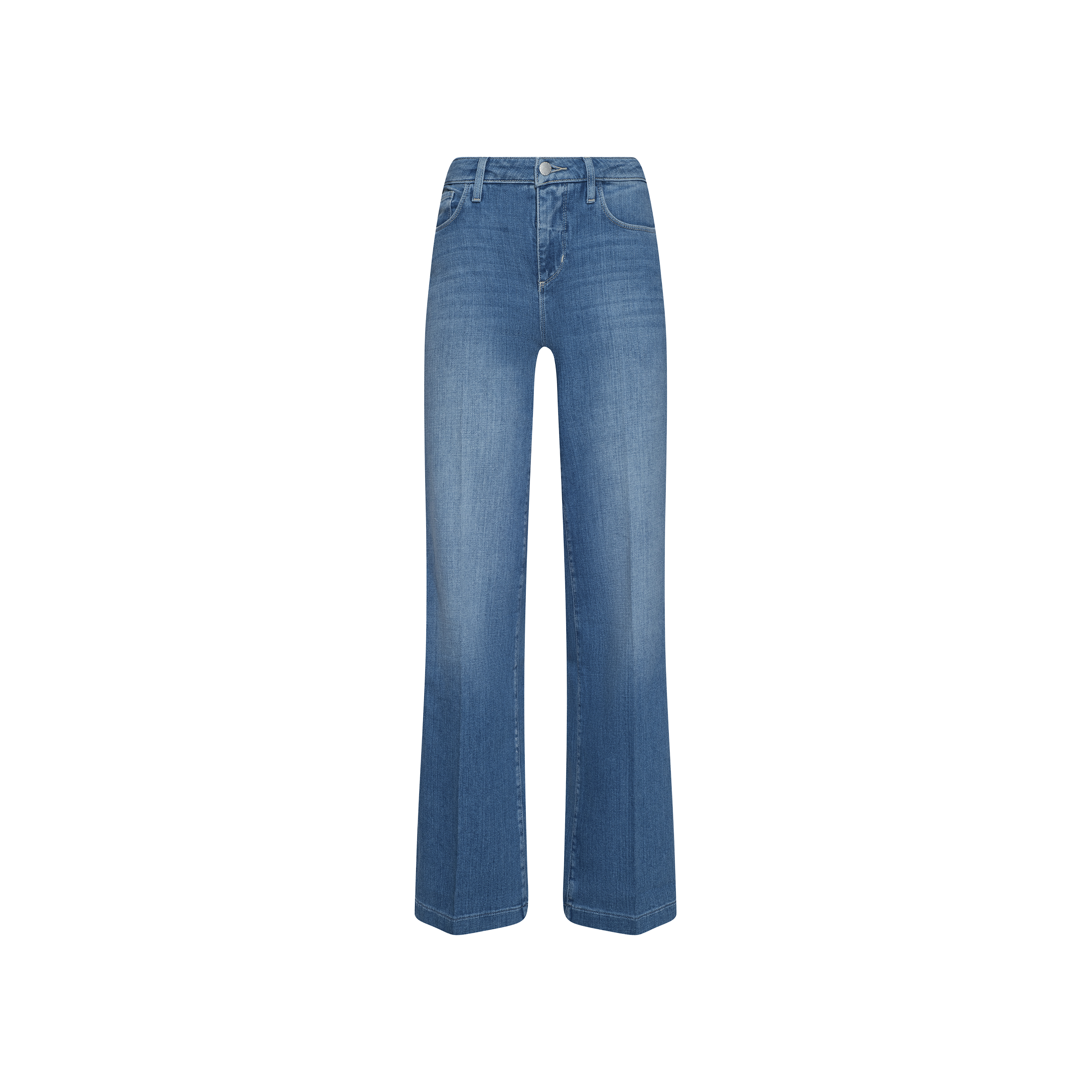 Clayton Wide-Leg Jean in blue, featuring a high-waisted wide-leg silhouette crafted from stretch denim with a subtle fade, front button and zipper closure, and classic five-pocket design, displayed on a plain white background.