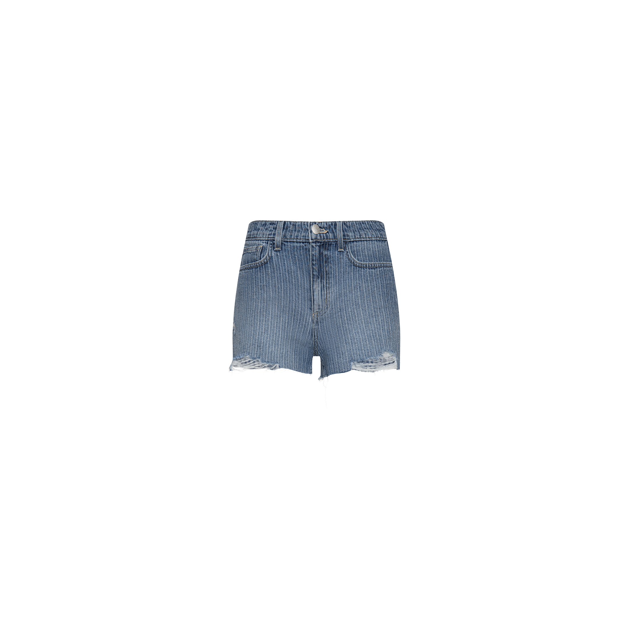 Clark Distressed Jean Short features blue denim in a high rise silhouette with vertical pinstripes, front pockets, and distressed hems. Made from 100 cotton denim and shown against a plain white background.