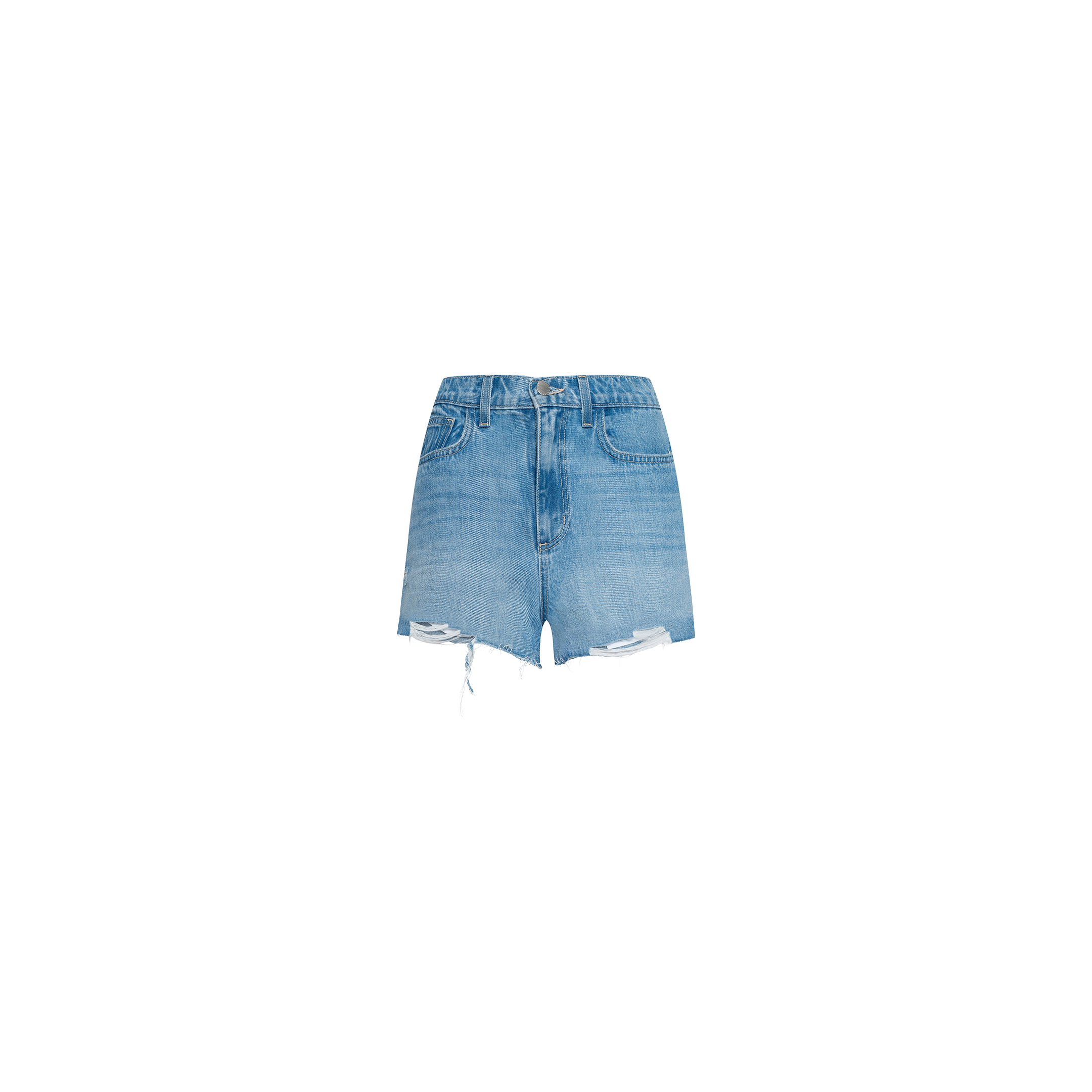 Clark Distressed Jean Short in light blue features a high rise, frayed hem, distressed detailing, front pockets, a waistband with belt loops, and button closure, shown on a plain white background.