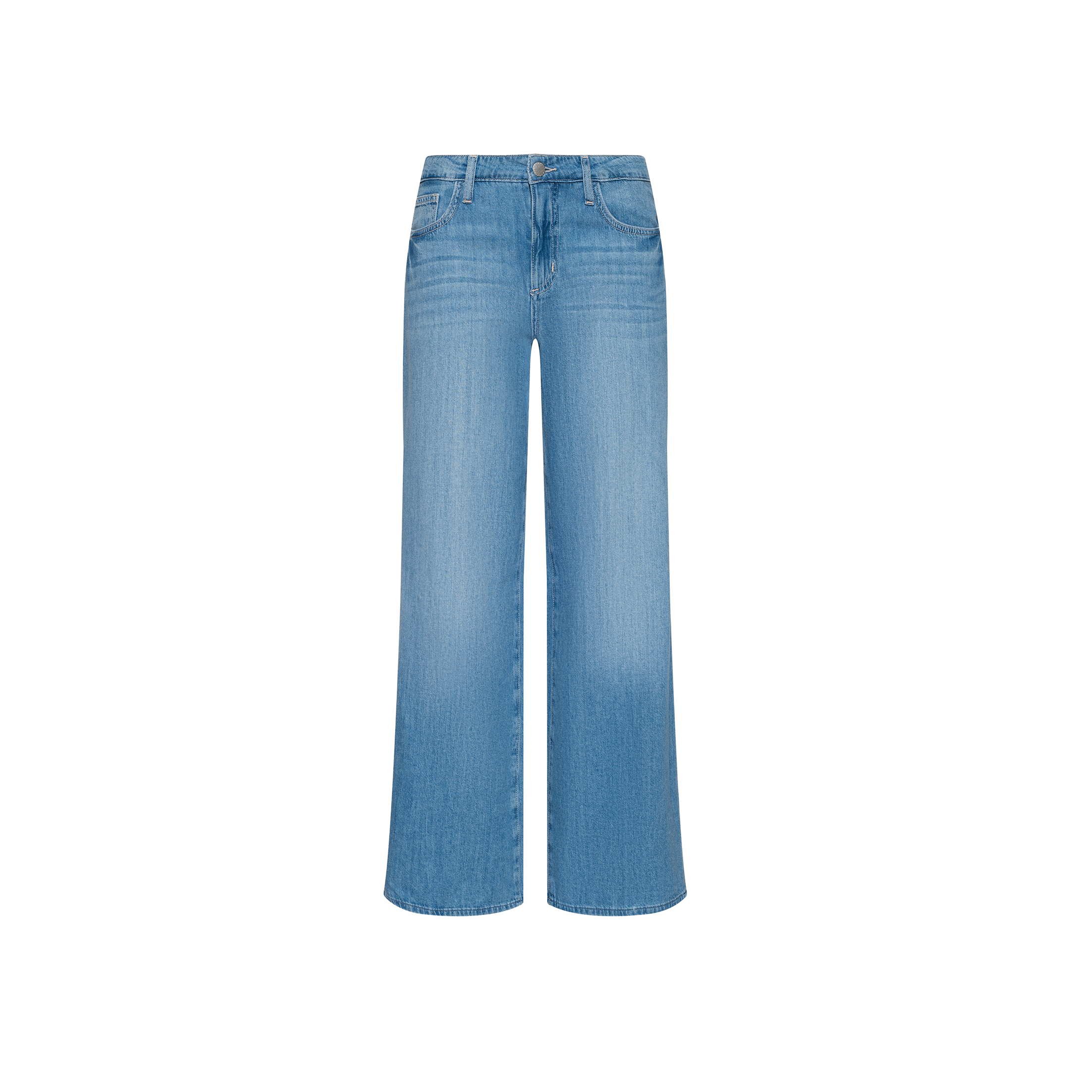 Alicent Wide-Leg Jean in light blue featherweight denim features a high rise, sneaker-length wide-leg silhouette, button and zipper closure, and both front and back pockets, displayed against a plain white background.