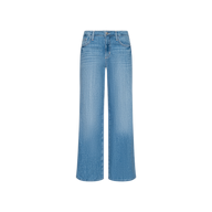 Alicent Wide-Leg Jean in light blue featherweight denim features a high rise, sneaker-length wide-leg silhouette, button and zipper closure, and both front and back pockets, displayed against a plain white background.