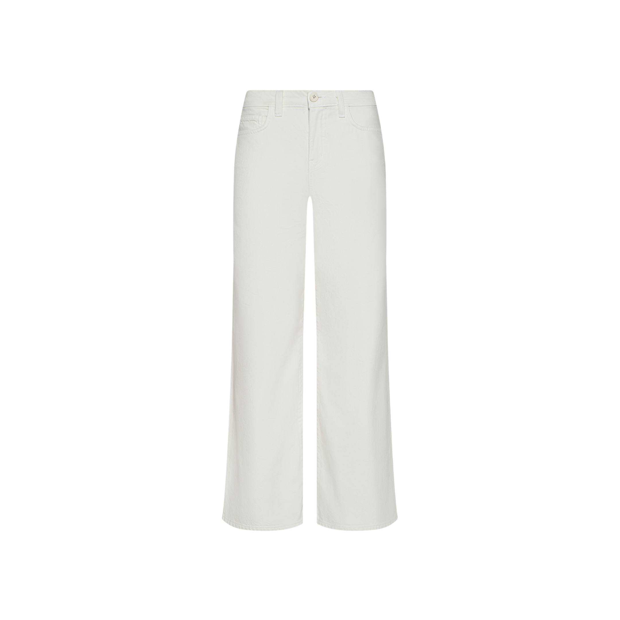 The Alicent Wide-Leg Jean in white, shown against a plain white background, features a high-rise fit, front pockets, and a button and zip closure.