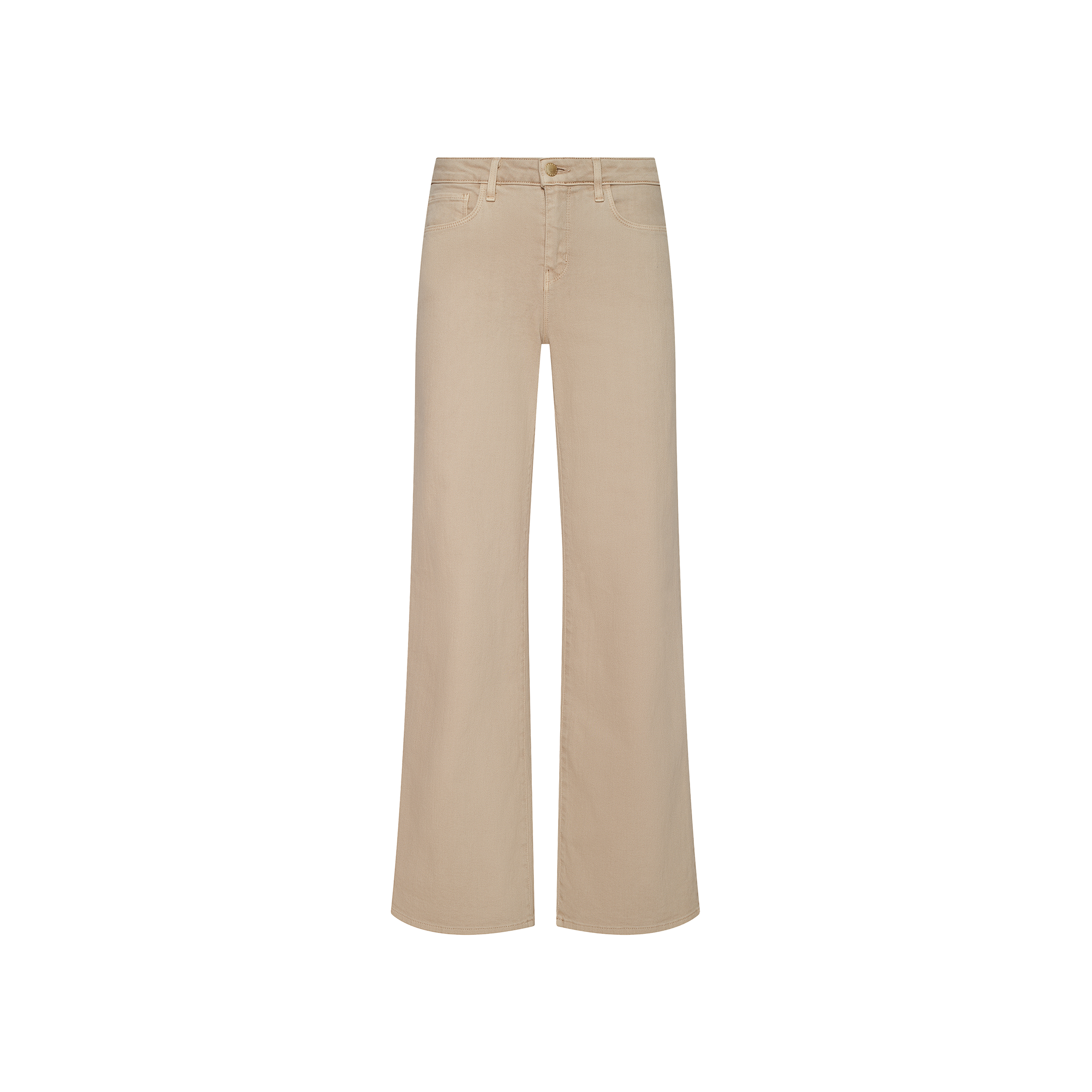 The Alicent Wide-Leg Jean in beige features a high-rise, sneaker-length silhouette crafted from stretch denim, complete with front and back pockets, belt loops, and a button and zipper closure. Displayed on a plain white background.