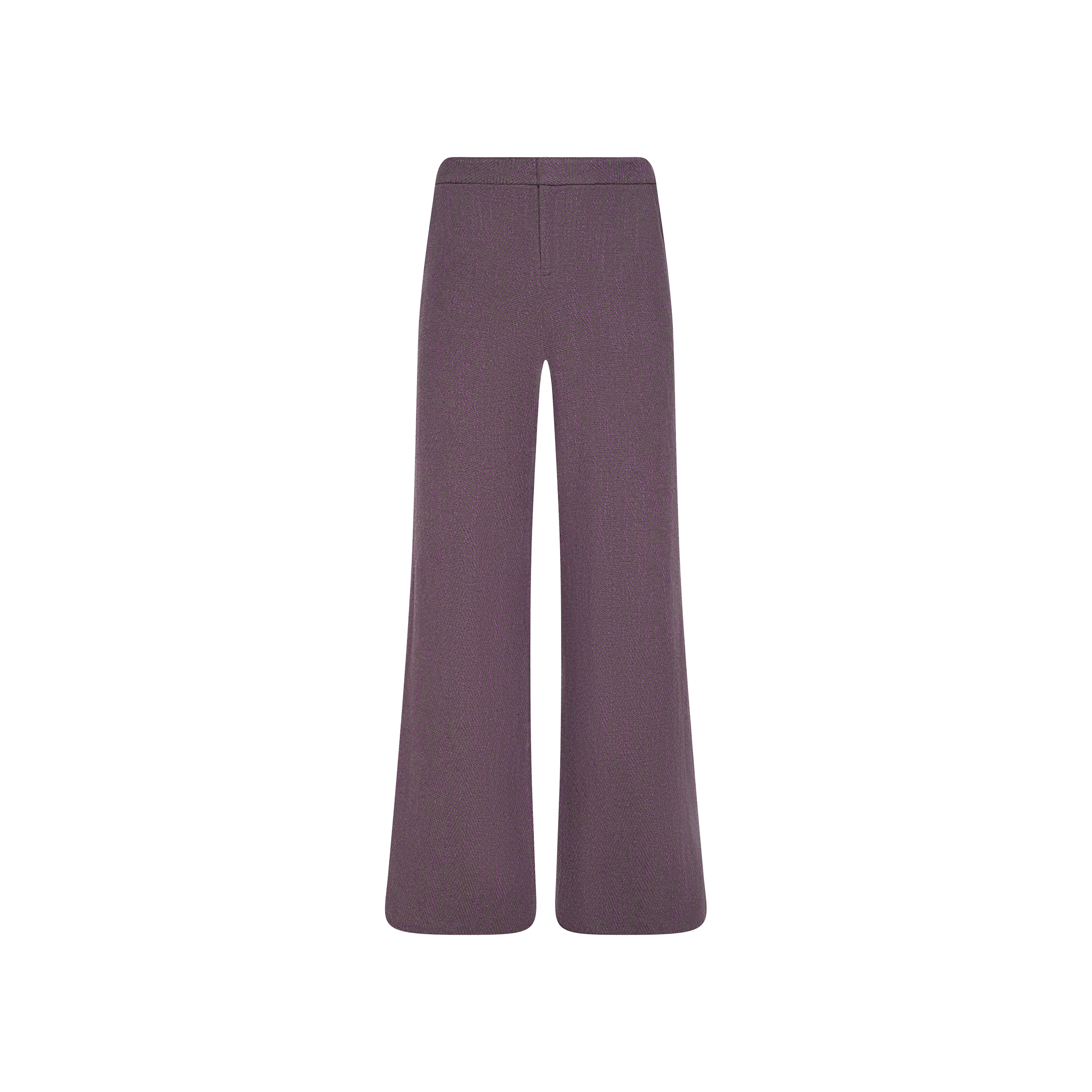 The Livvy Straight-Leg Trouser is featured in a rich purple herringbone fabric with a high-rise fit and wide-leg silhouette, displayed against a plain white background. Shown from the back, the trouser has a simple waistband with no visible pockets or embellishments.