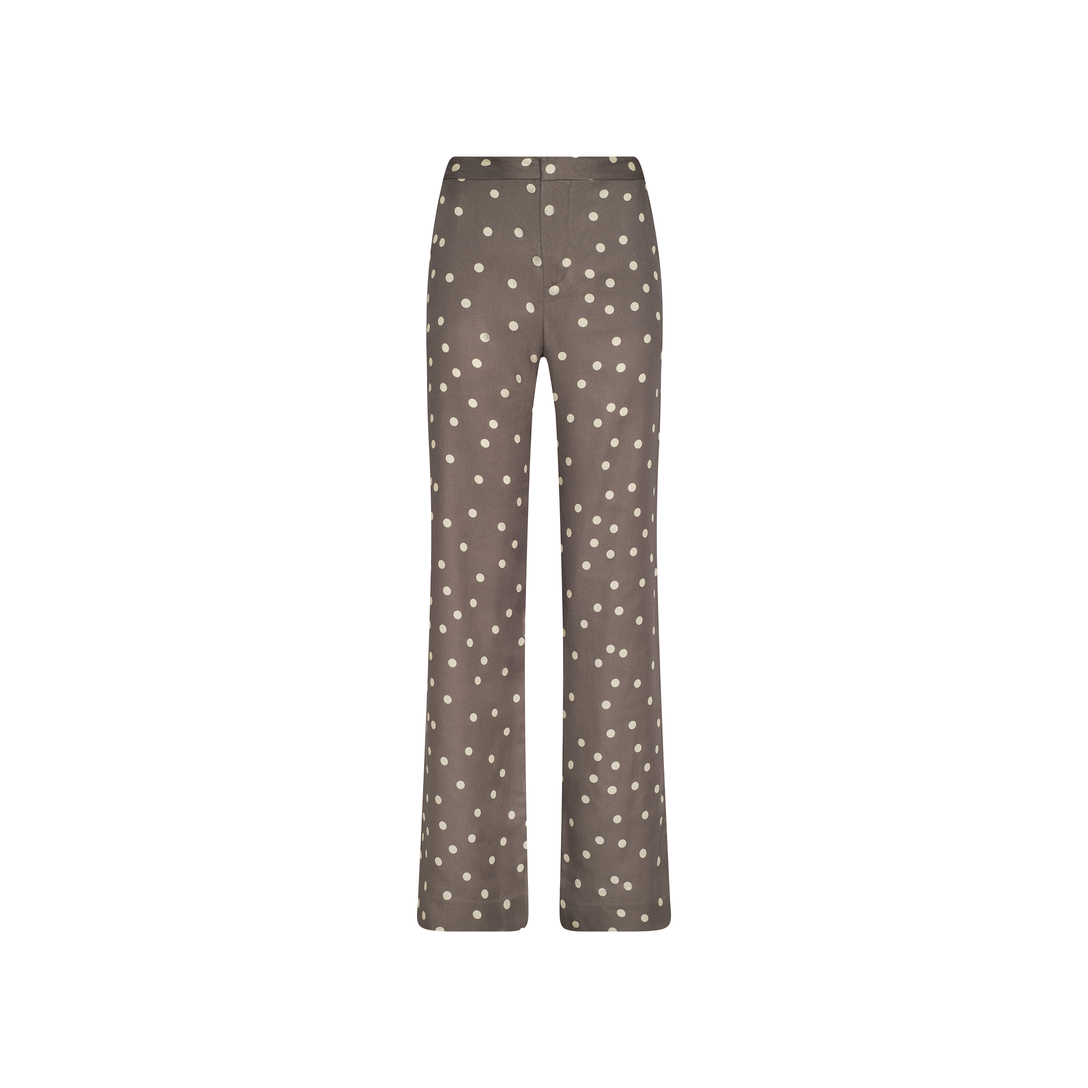 Livvy Straight-Leg Trouser in brown, featuring a high-rise fit and white polka dot print, displayed on a plain white background.