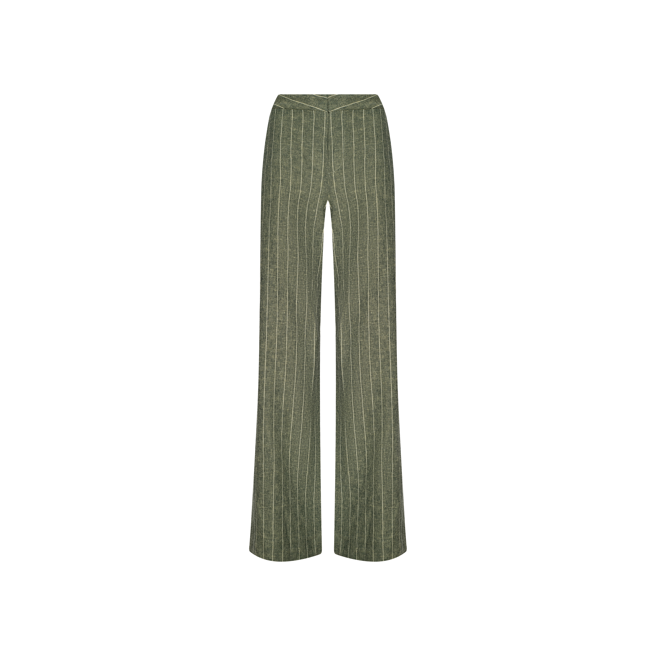 The Livvy Linen-Blend Trouser is a pair of olive green high-waisted, straight-leg trousers featuring vertical white pinstripes, shown against a plain white background.