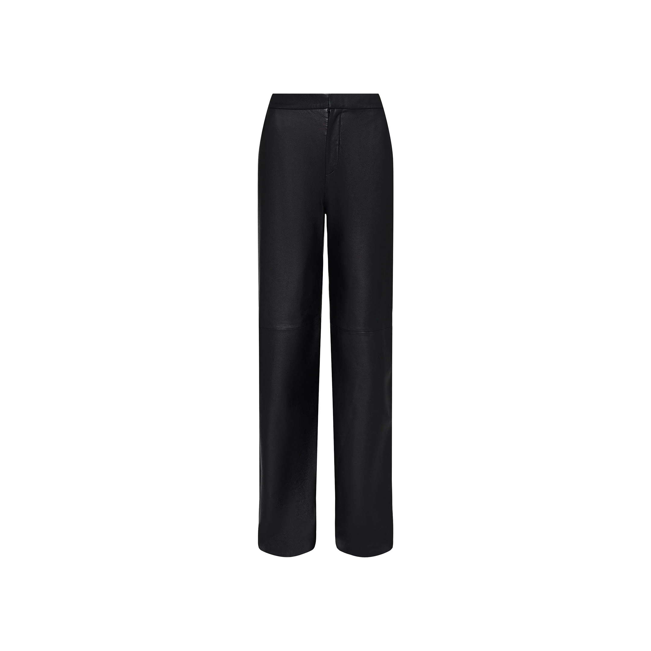 The Livvy Leather Trouser is a black, high-waisted, straight-leg pant crafted from lightweight lambskin leather with a smooth finish. Displayed on a plain white background, these trousers showcase a minimal design with no visible pockets or embellishments.