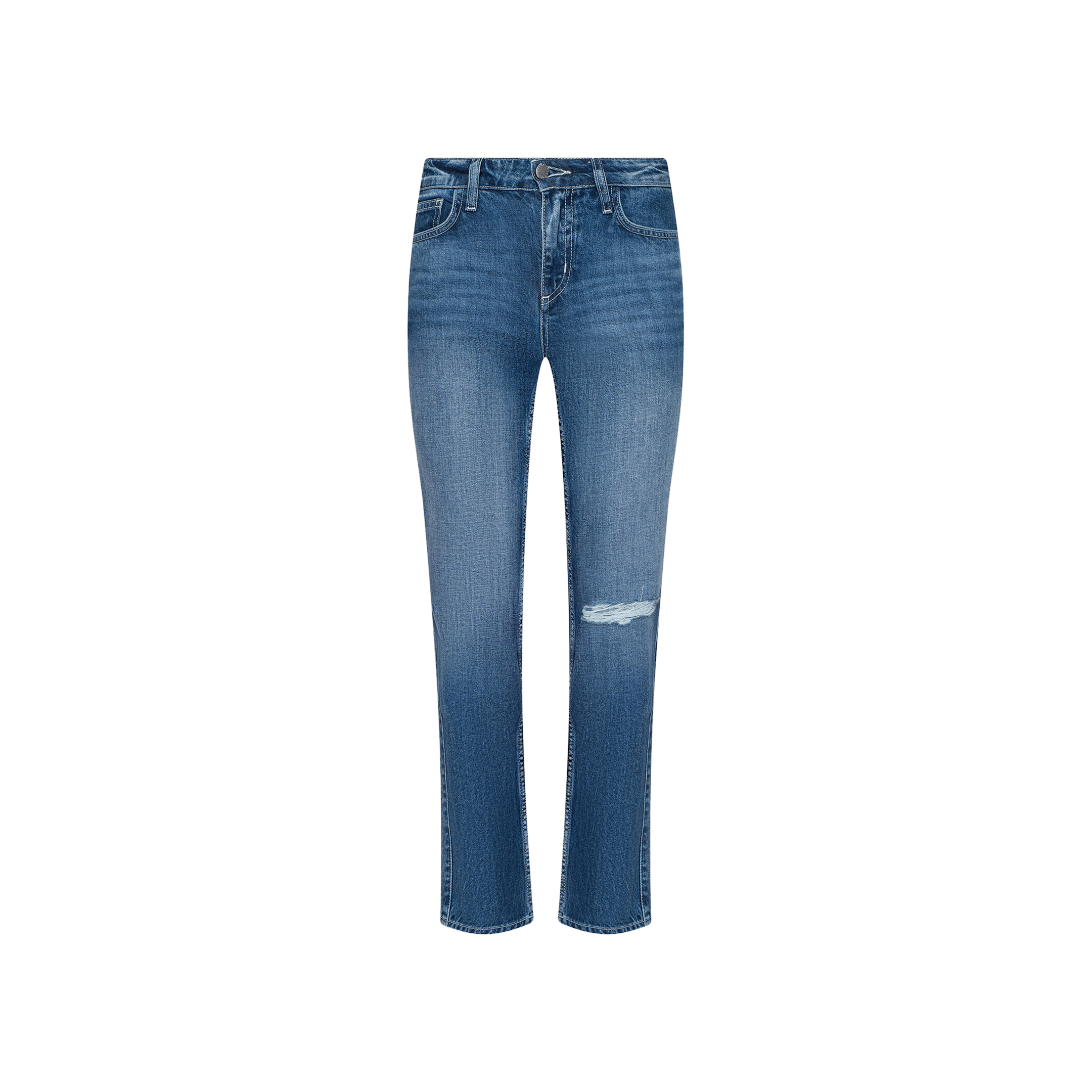 The Nevia Slouchy Straight-Leg Jean is a pair of blue jeans made from all-cotton denim, featuring a high waist, classic five-pocket styling, and a rip on the right knee, shown against a plain white background.