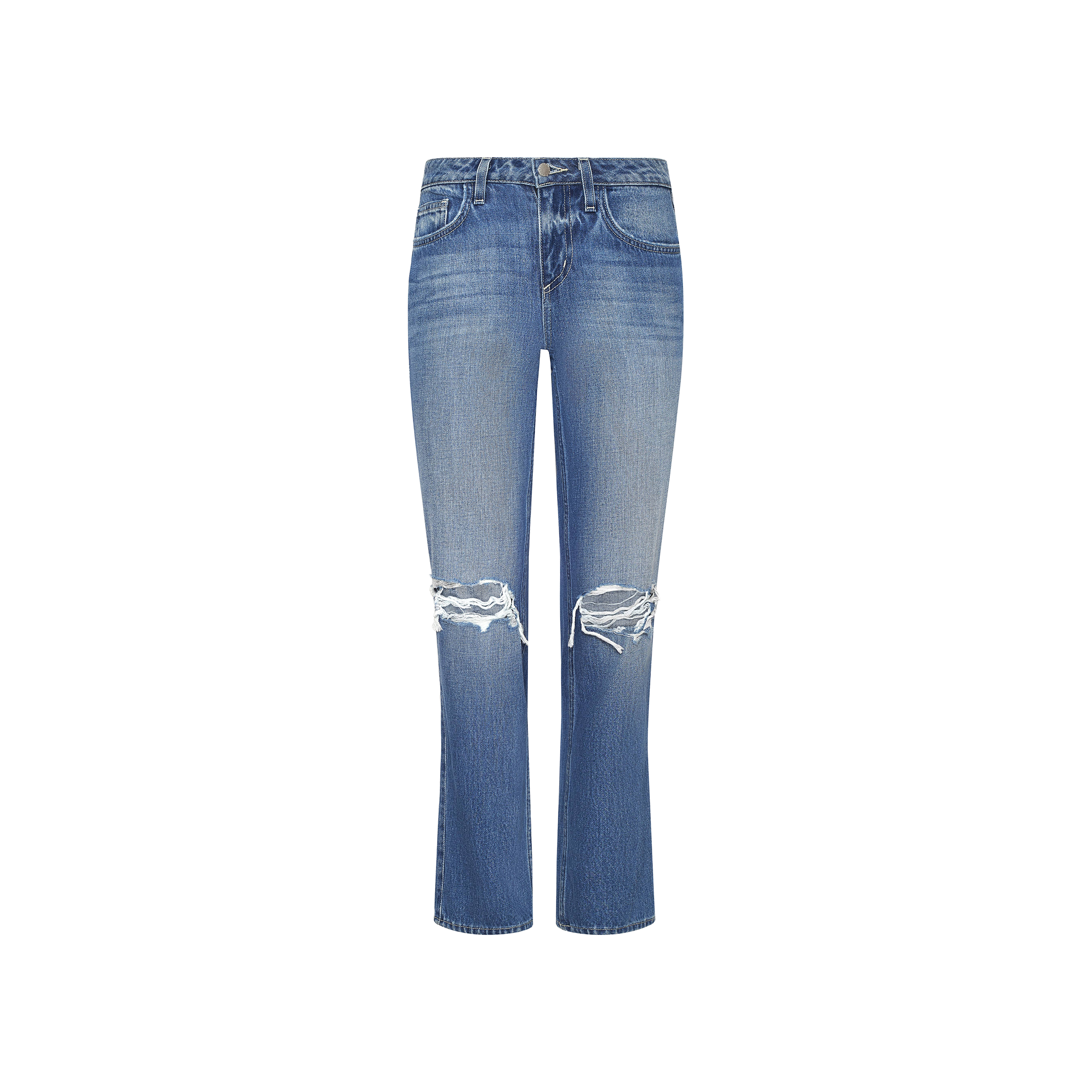 Nevia Slouchy Straight-Leg Jean in blue-wash denim, featuring a faded wash, ripped knees, and classic five-pocket styling. Shown against a plain white background, these vintage-inspired jeans offer a relaxed straight-leg fit.