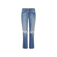 Nevia Slouchy Straight-Leg Jean in blue-wash denim, featuring a faded wash, ripped knees, and classic five-pocket styling. Shown against a plain white background, these vintage-inspired jeans offer a relaxed straight-leg fit.
