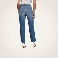 A person is seen from the back wearing the Nevia Slouchy Straight-Leg Jean in a blue wash, paired with white high-heeled shoes. The jeans feature back pockets and visible stitching, set against a plain, light-colored background.