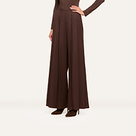 A person wearing ultra high rise, wide-leg Nova Pleated Wide-Leg Pants in brown fluid suiting fabric and pointed brown heels, with one hand on their hip, stands against a plain light background.