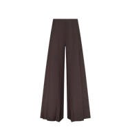 Wide-leg, high-waisted dark brown pleated pants, crafted from premium fabric and displayed on a plain white background.