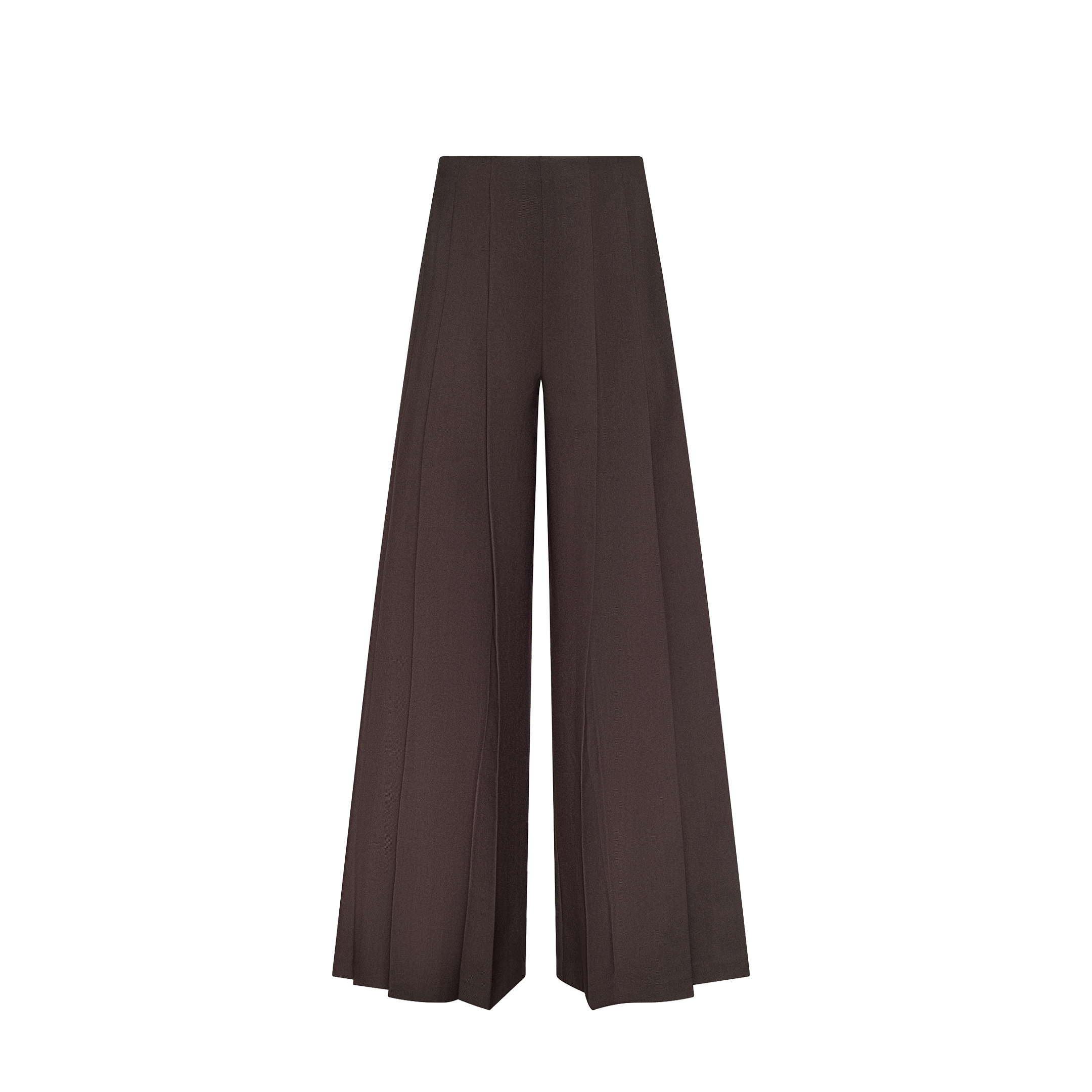 Wide-leg, high-waisted dark brown pleated pants, crafted from premium fabric and displayed on a plain white background.