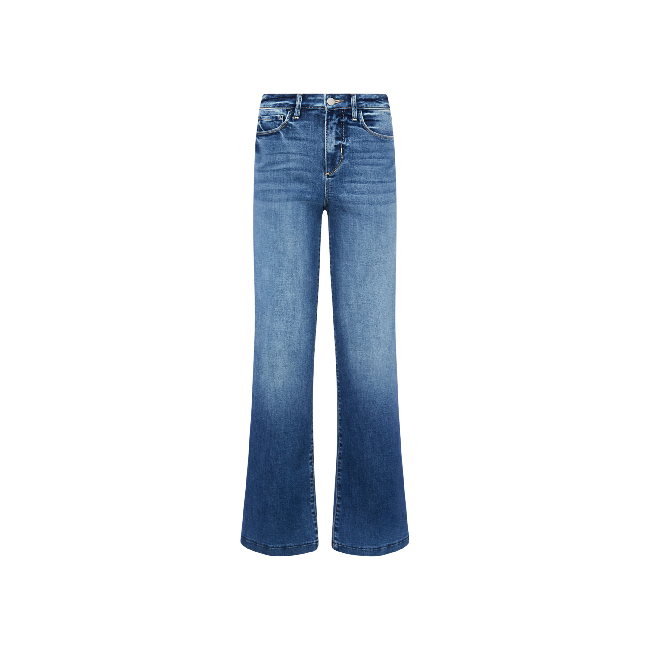 The Scottie Wide-Leg Jean is a high-rise blue denim style featuring a wide-leg silhouette, button and zipper closure, front and back pockets, and a center-faded wash. Made from stretch denim for comfort, the jeans are shown against a plain white background.