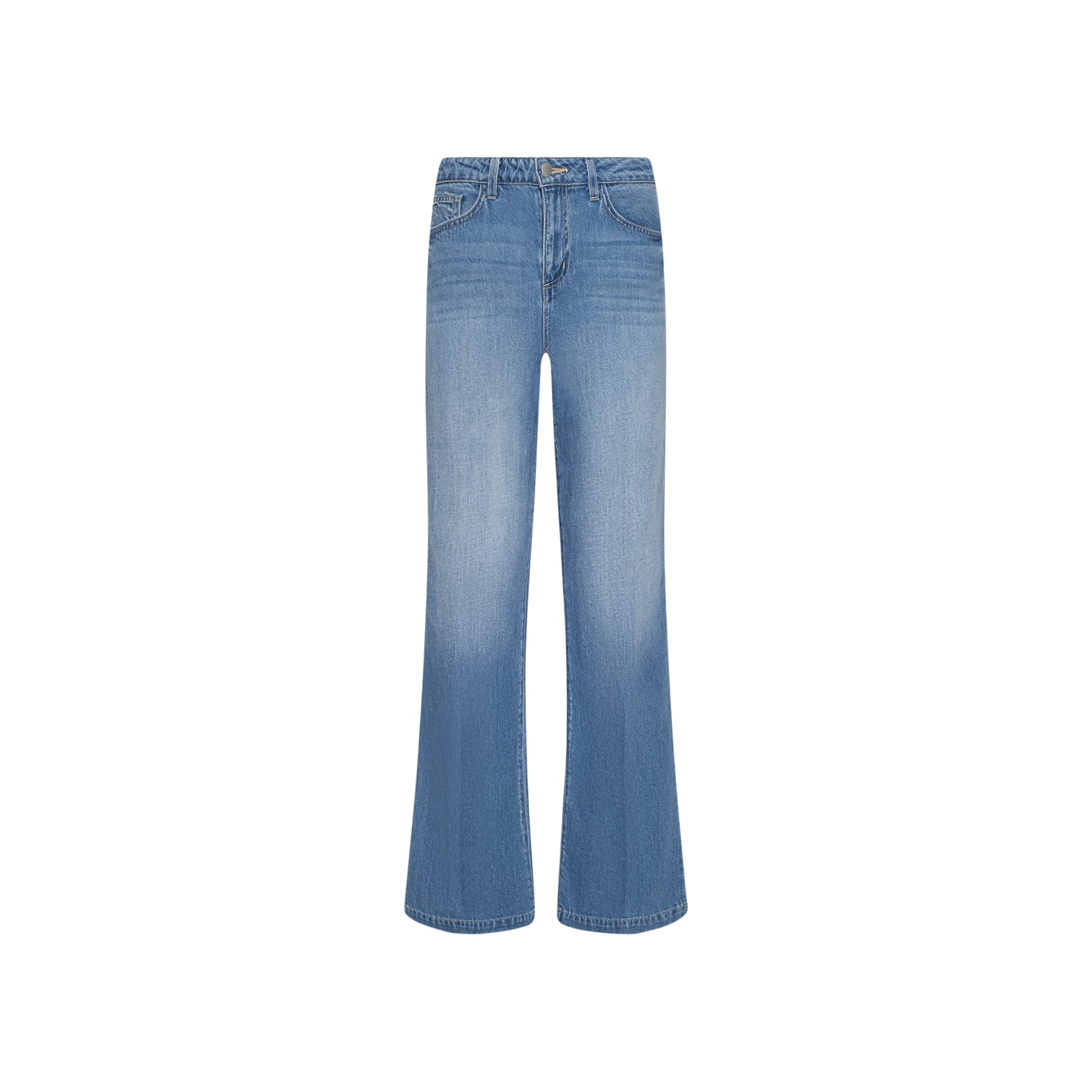 The Scottie Wide-Leg Jean in light blue features a high-waisted, wide-leg silhouette crafted from light wash denim with a contoured waistband and a subtle faded effect on the front, displayed against a plain white background.