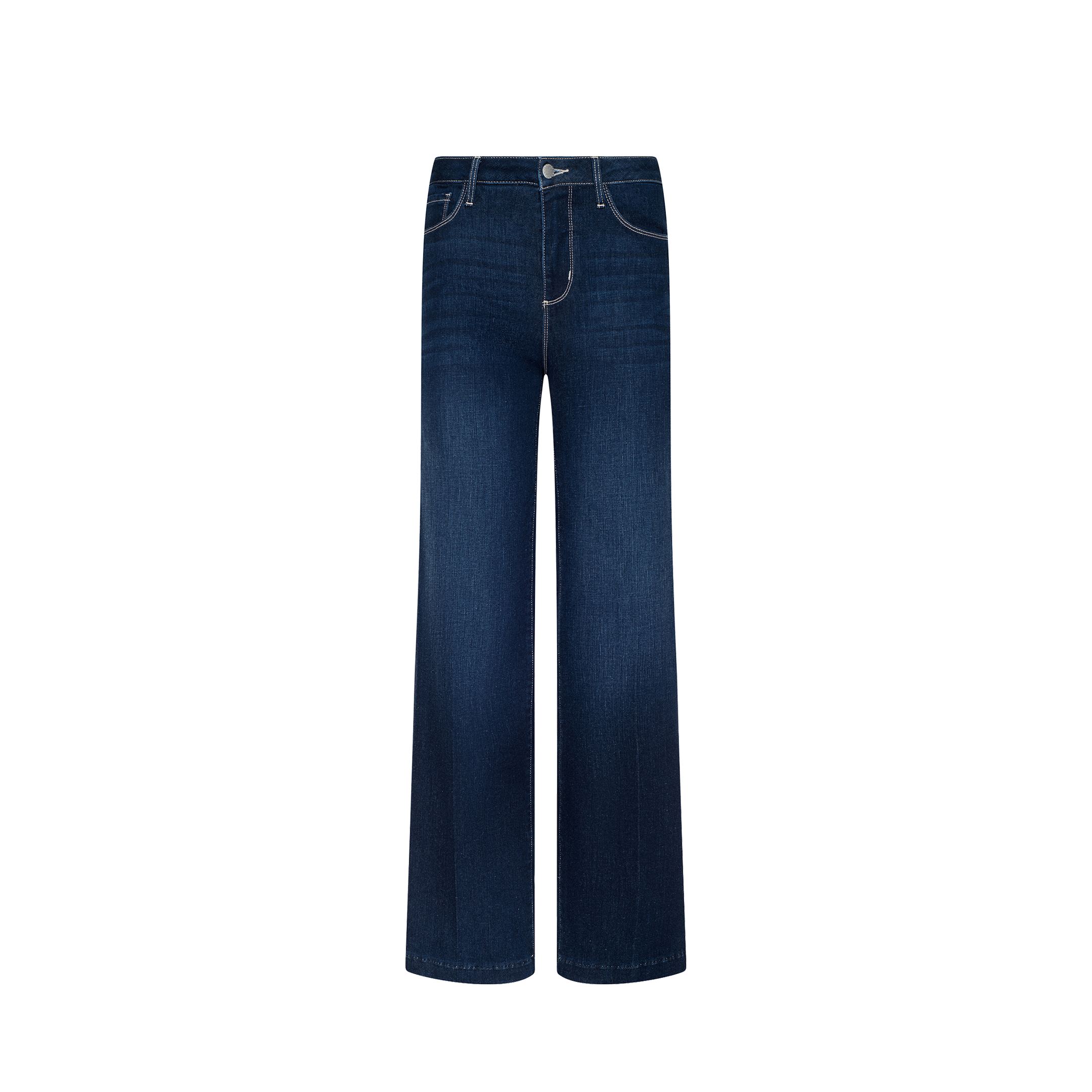 A pair of high-waisted, wide-leg blue jeans with front and back pockets, button and zip closure, shown against a plain white background.