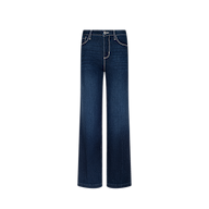 A pair of high-waisted, wide-leg blue jeans with front and back pockets, button and zip closure, shown against a plain white background.