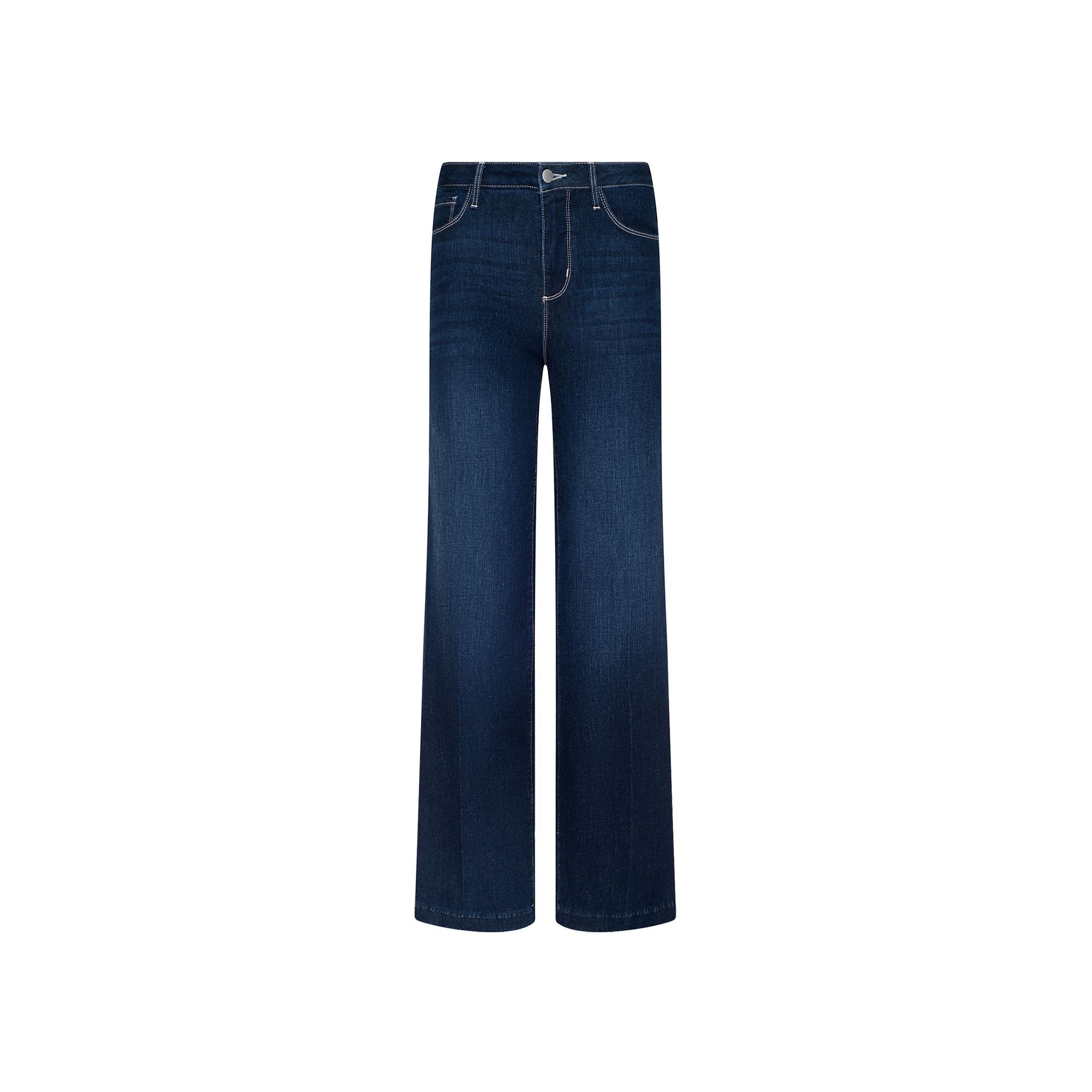 The Scottie Wide-Leg Jean is crafted from super stretch dark blue denim with a high-rise waist and wide-leg silhouette, showcased against a plain white background. These jeans feature a classic button and zip fly closure, along with contrast white stitching at the pockets.