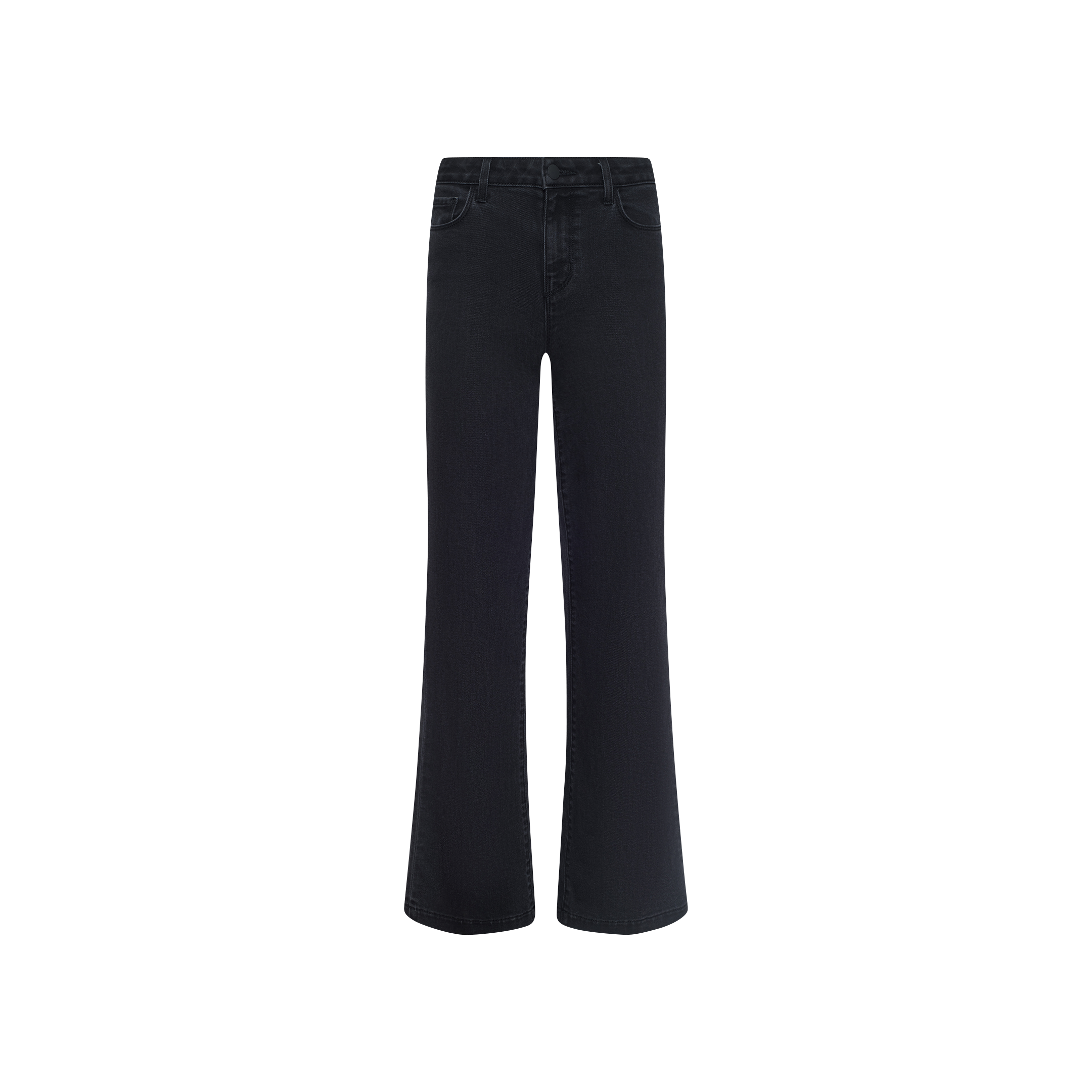 The Scottie Wide-Leg Jean is a black, high-waisted style with a contoured waistband and both front and back pockets, expertly crafted from stretch denim and displayed against a plain white background.
