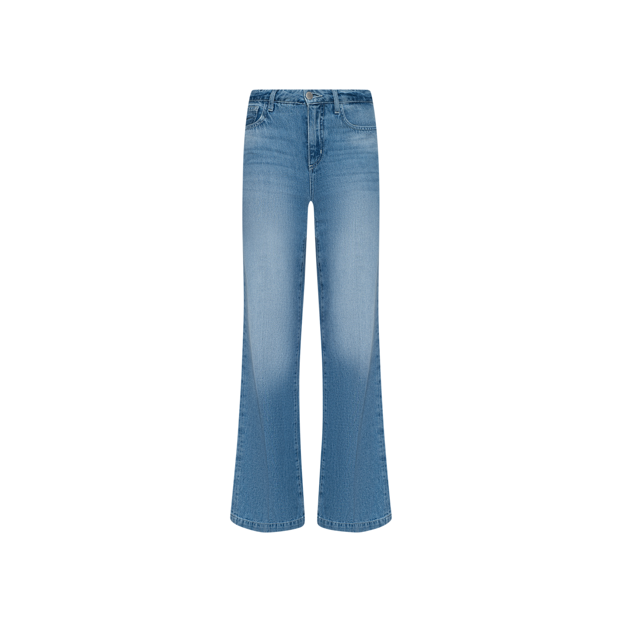The Scottie Wide-Leg Jean is showcased on a plain white background, featuring a light blue wash, high-rise fit, wide-leg silhouette, all-cotton denim construction with subtle front fading, and classic five-pocket styling.