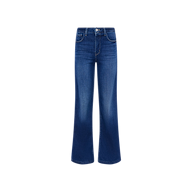 The Scottie Wide-Leg Jean is a high-waisted blue jean featuring a contoured waistband, button and zipper fly, front and back pockets, and wide legs. Crafted from stretch denim with a subtle thigh fade, these jeans are shown against a plain white background.