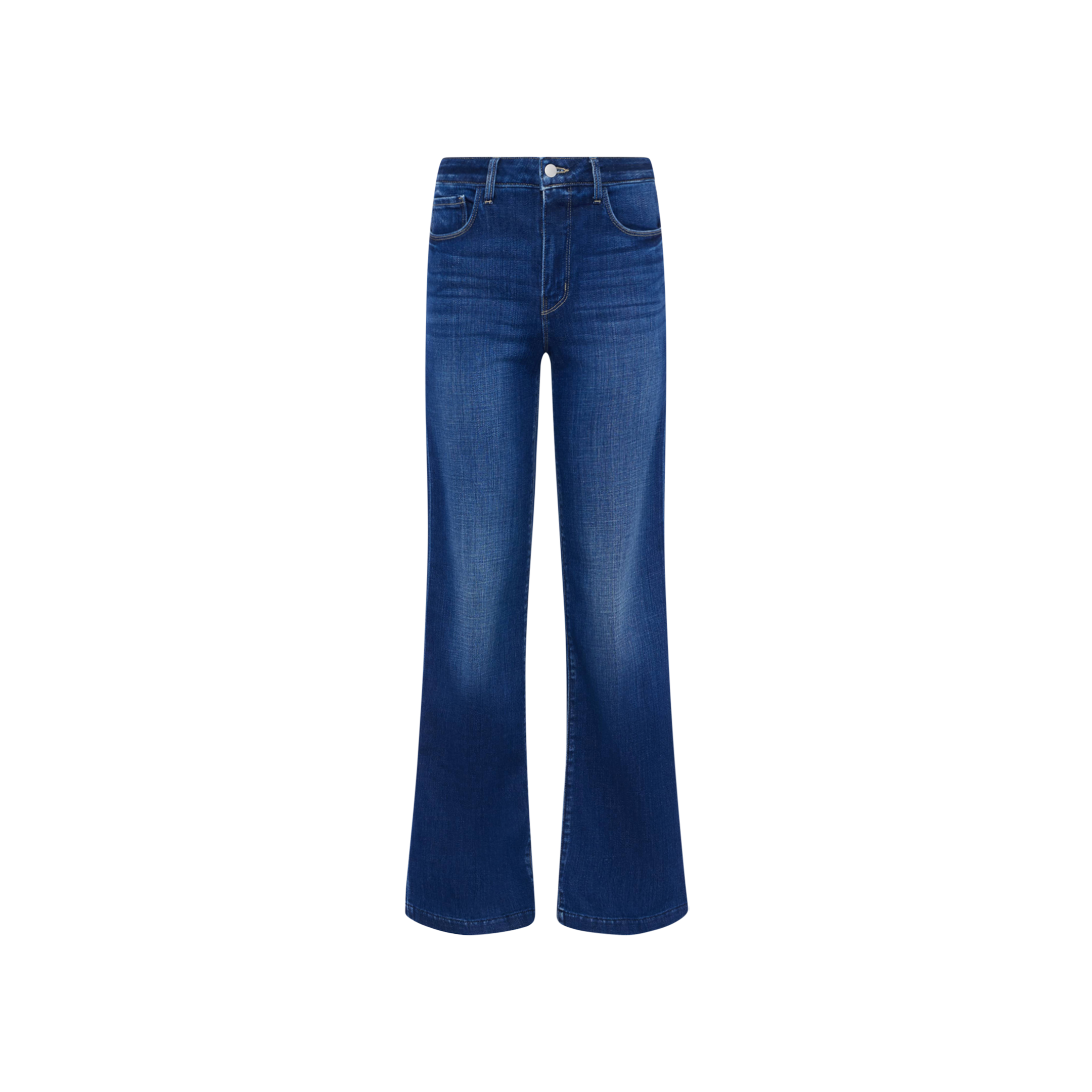 The Scottie Wide-Leg Jean is a high-waisted blue jean featuring a contoured waistband, button and zipper fly, front and back pockets, and wide legs. Crafted from stretch denim with a subtle thigh fade, these jeans are shown against a plain white background.
