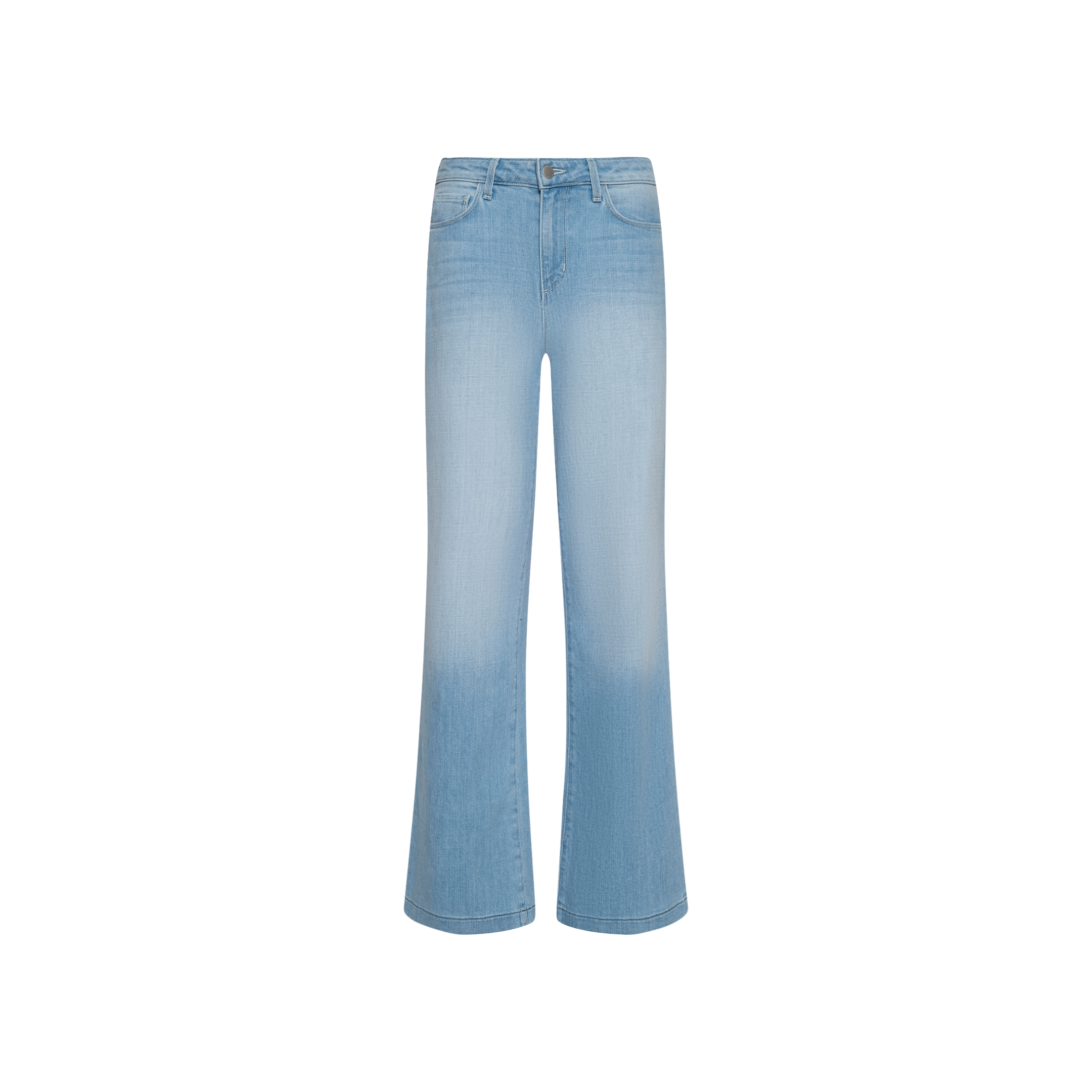 Scottie Wide-Leg Jean in light blue features a high-waisted, wide-leg silhouette crafted from stretch denim with a contoured waistband, a faded wash, front button and zipper closure, and a classic five-pocket design, displayed against a plain white background.