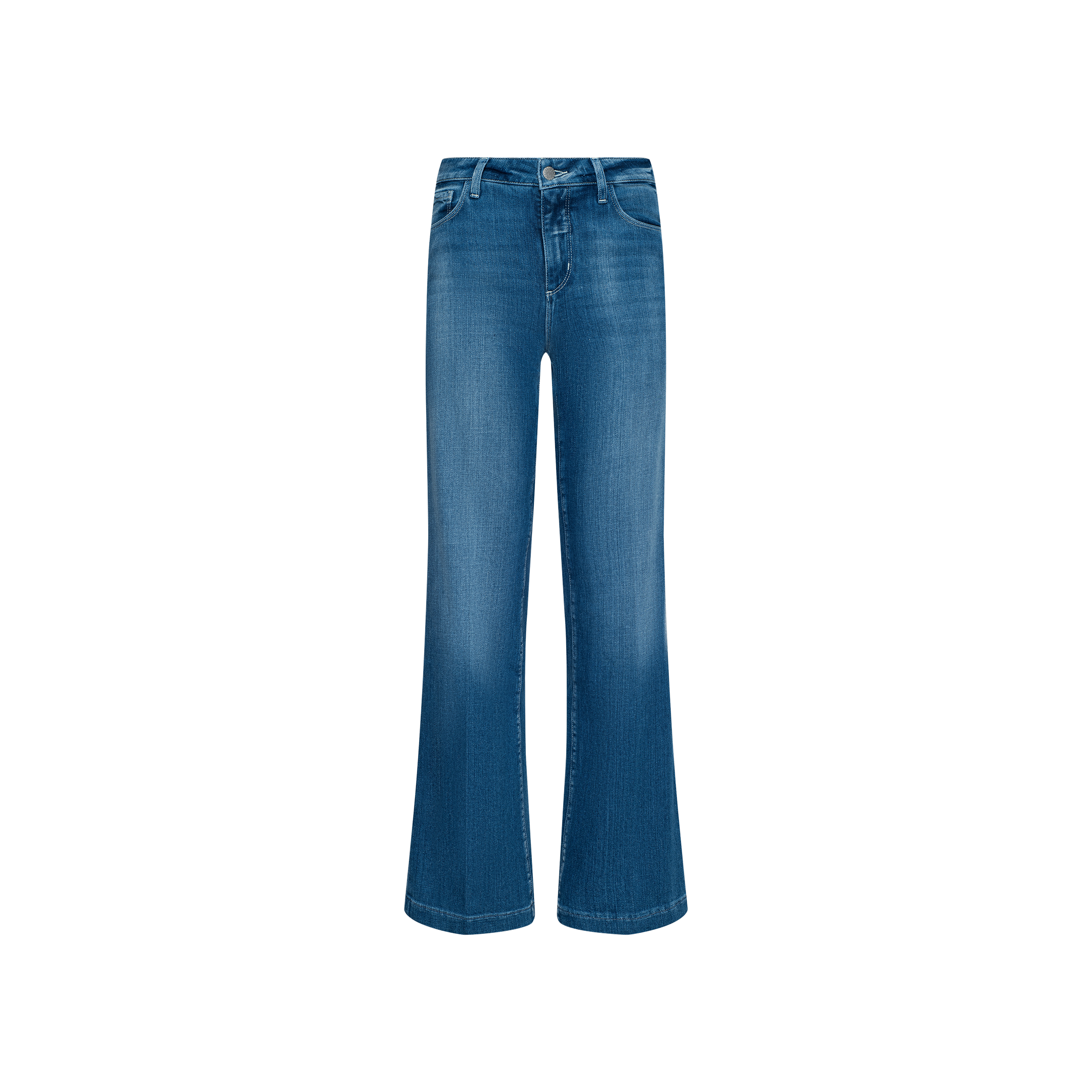 A pair of Scottie Wide-Leg Jeans in blue stretch denim, featuring a comfortable high-rise fit and a subtle flare at the bottom, shown front-facing against a plain white background.