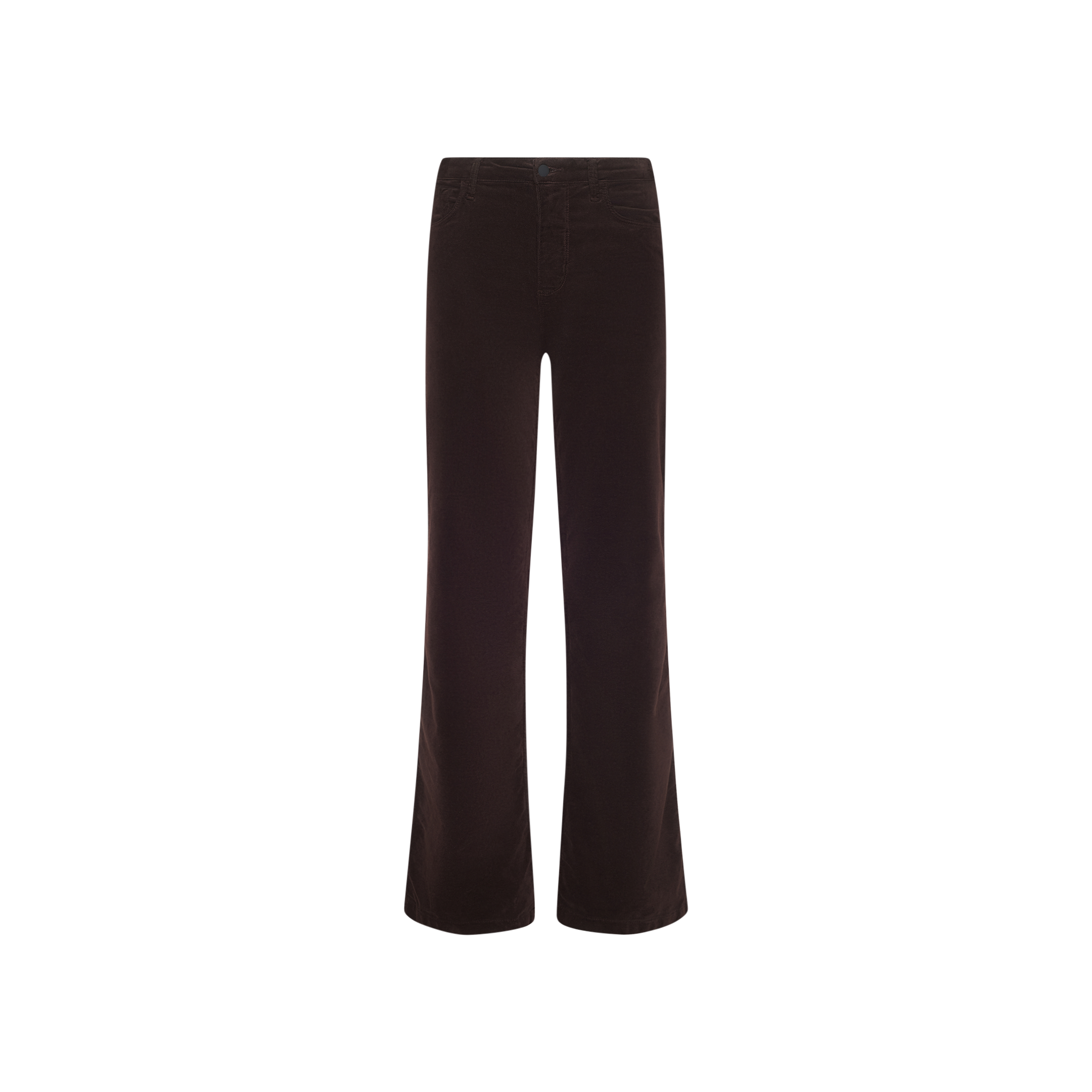 The Scottie Velvet Wide-Leg Jean, featuring a high-waisted fit, contoured waistband, dark brown velvet fabric, and a slight flare at the hem, is displayed against a plain white background.