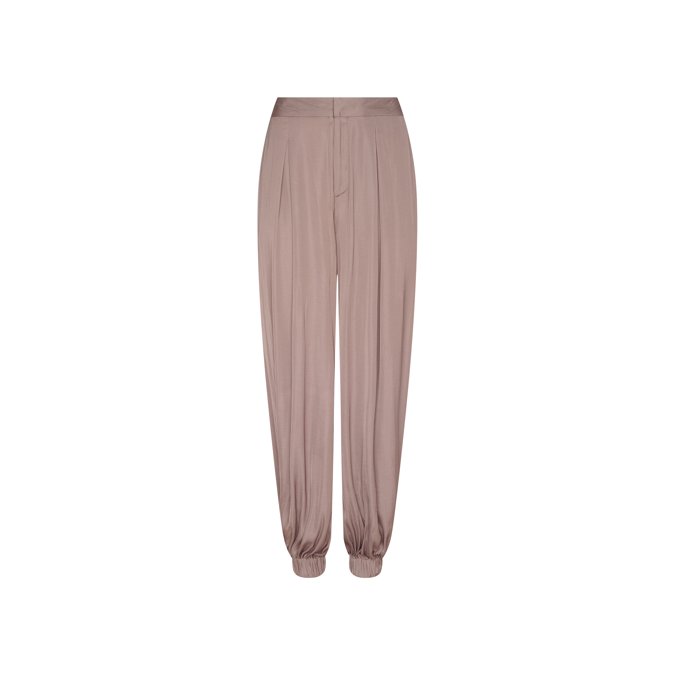 The Palmer Satin Pant, shown on a plain white background, features a light brown hue, high-rise fit, front pleats, and gathered cuffs at the ankles in a chic balloon silhouette.