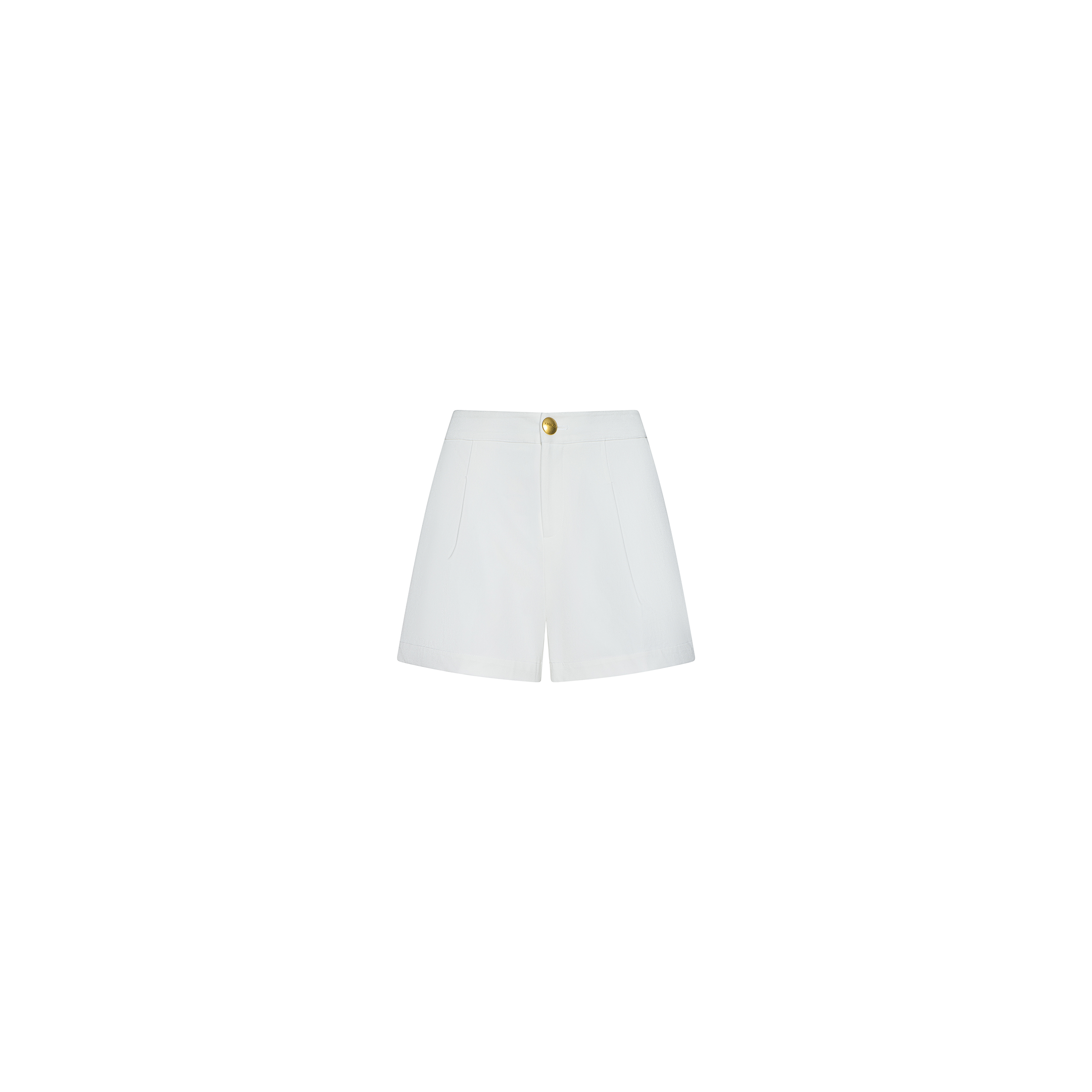 The Saige Short is a white, high-waisted stretch suiting short featuring front pockets and a gold button, shown against a plain white background.