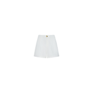 The Saige Short is a white, high-waisted stretch suiting short featuring front pockets and a gold button, shown against a plain white background.
