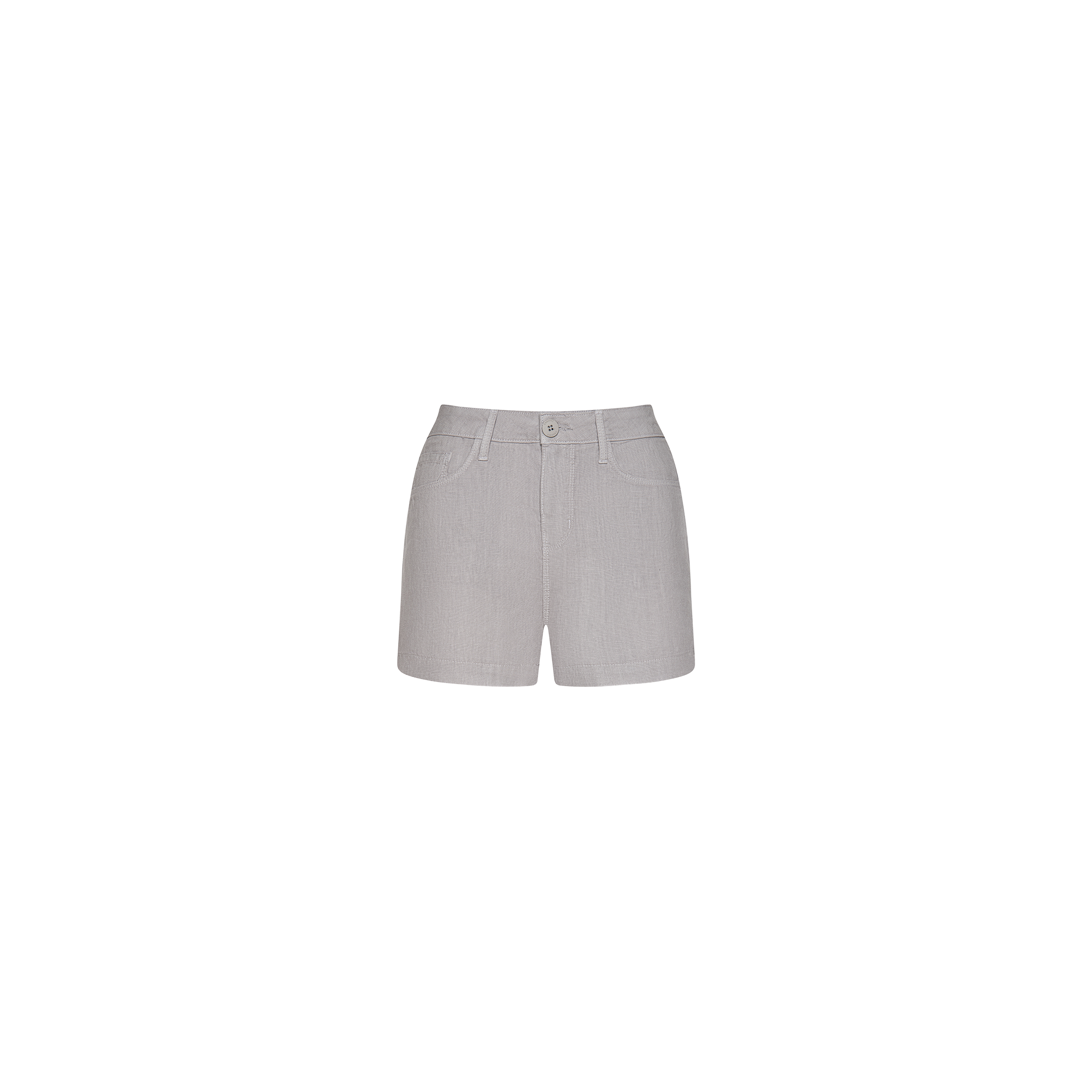 The Gina Linen Short in light gray features a high-rise fit, front pockets, belt loops, and a button closure. Crafted from breathable linen for comfort and style, these shorts are displayed against a plain white background.