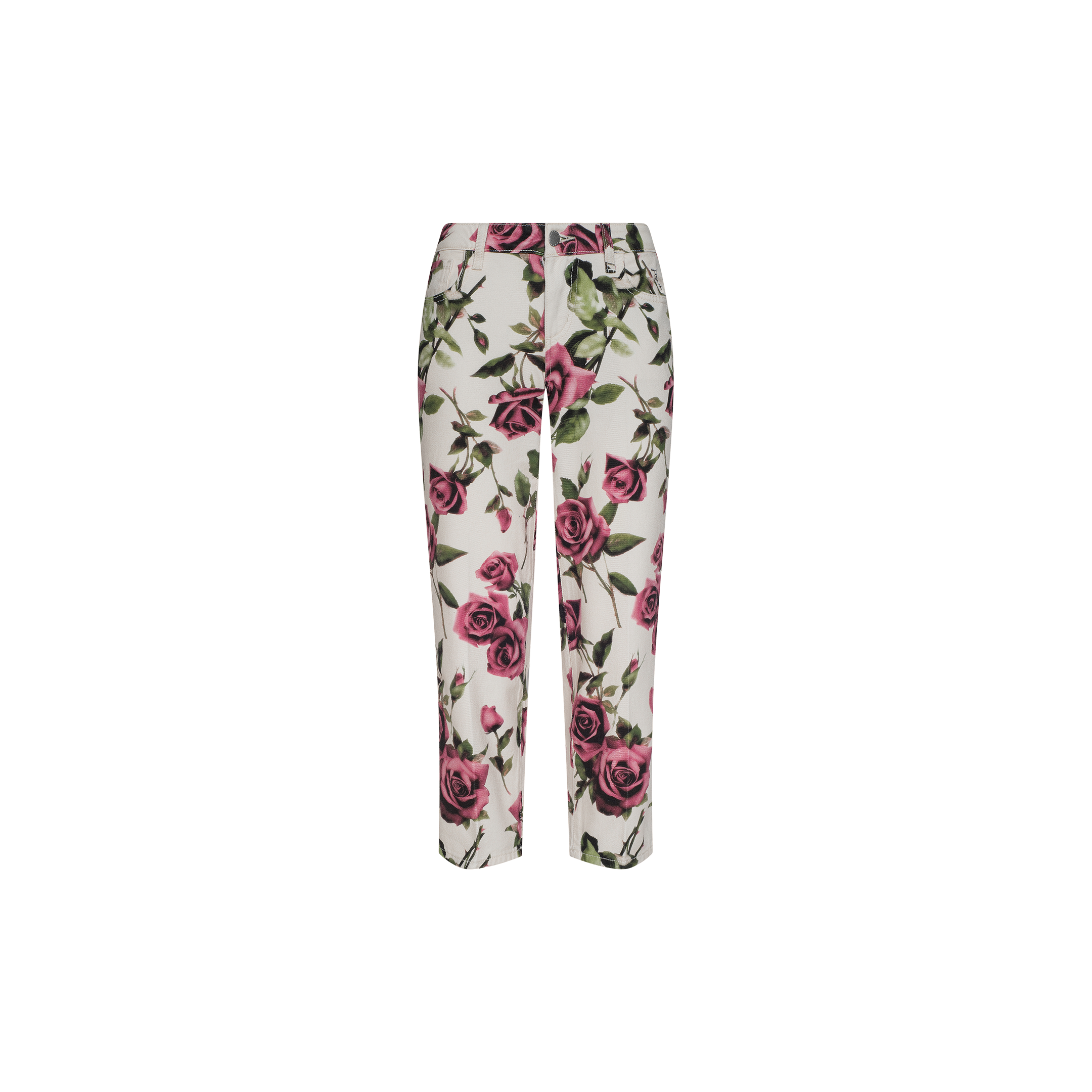 Blaine Cropped Stovepipe Jean in white with a high waist, featuring an all-over rose print of pink flowers and green leaves. These tailored-fit jeans are inspired by the off-duty jean silhouette and offer a clean look without visible embellishments or pockets.