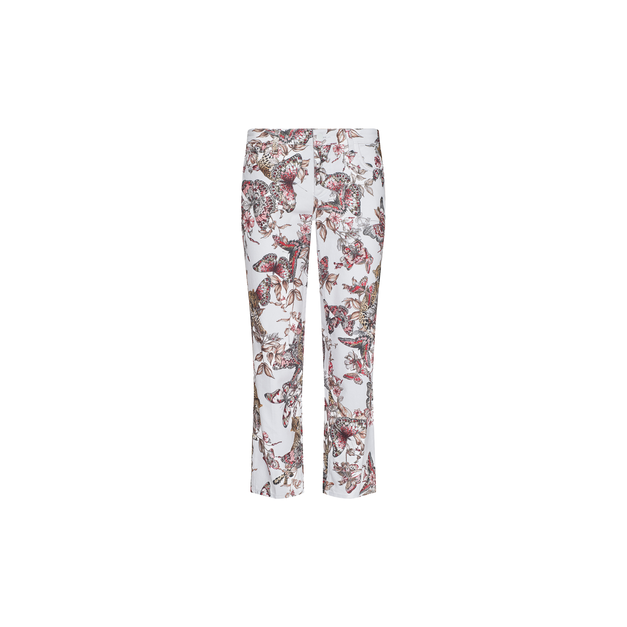 Blaine Cropped Stovepipe Jean in white, designed with a low-rise fit and straight-leg silhouette, showcases an all-over floral and butterfly print in burgundy, green, and brown tones on a plain white background.