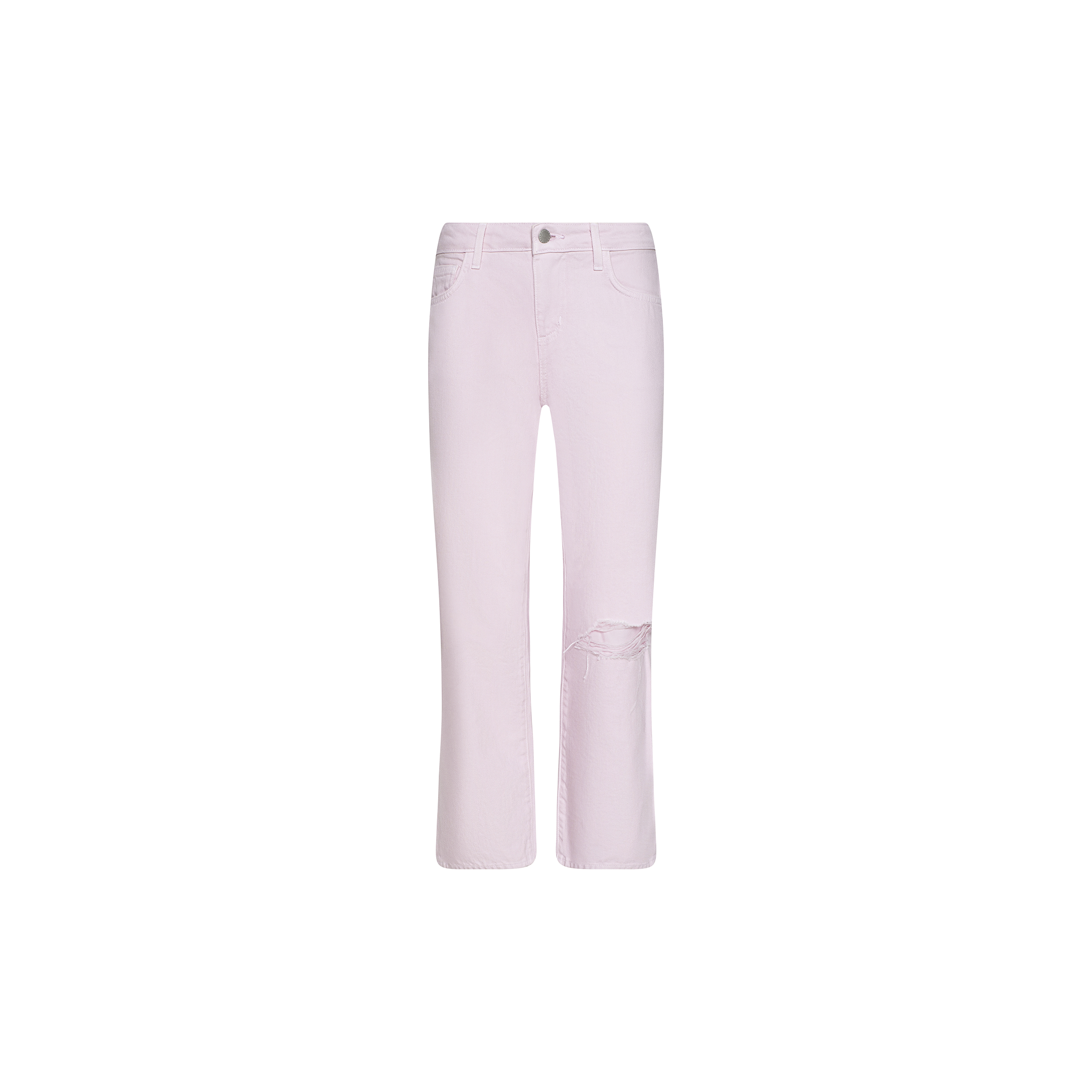 The Blaine Cropped Stovepipe Jean features a light pink wash, a straight leg cut, and a distressed rip on one knee, shown against a plain white background.