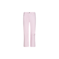 The Blaine Cropped Stovepipe Jean features a light pink wash, a straight leg cut, and a distressed rip on one knee, shown against a plain white background.
